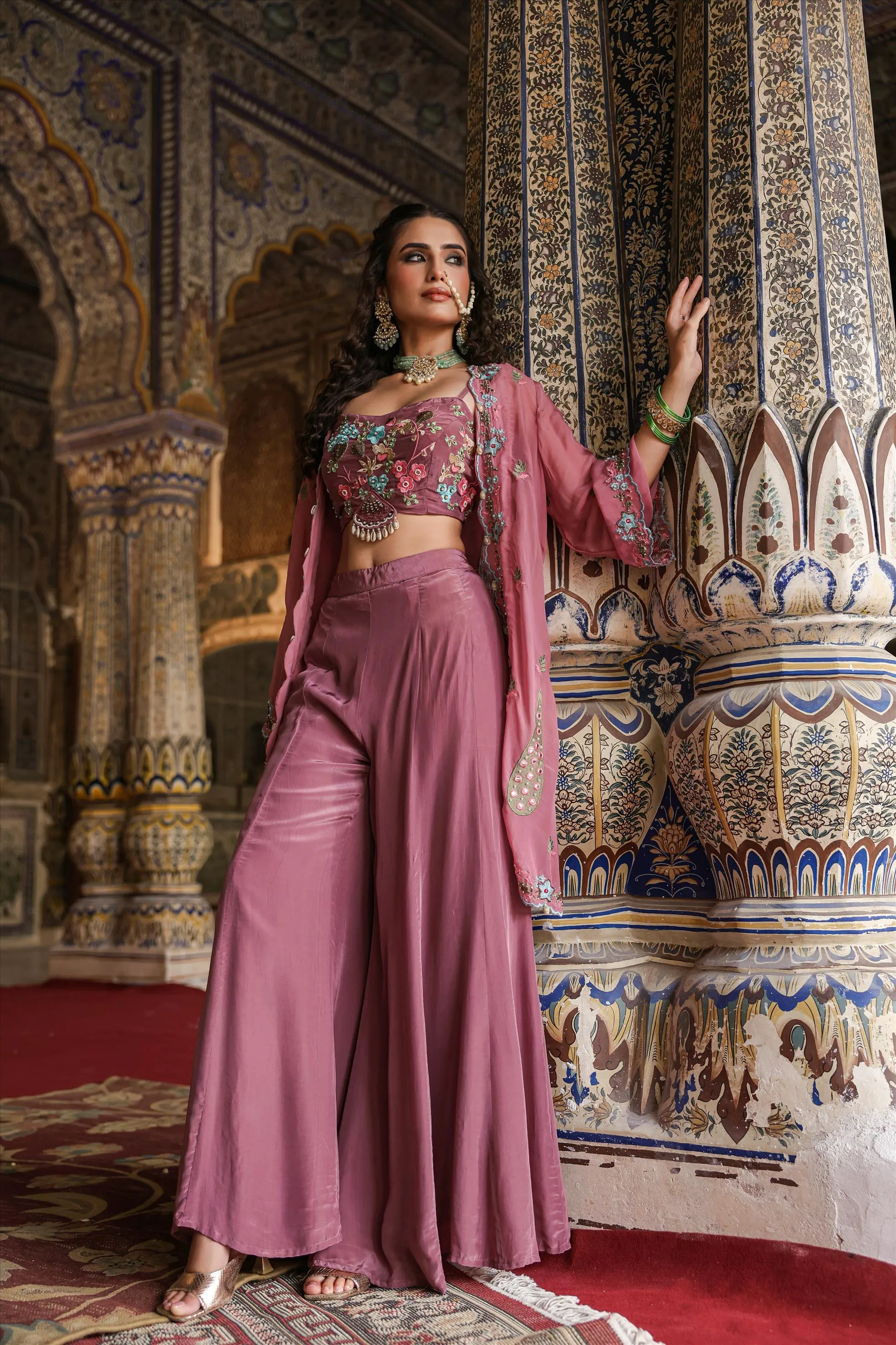 Mauve Crepe Silk Embroidered Palazzo Set With Cape