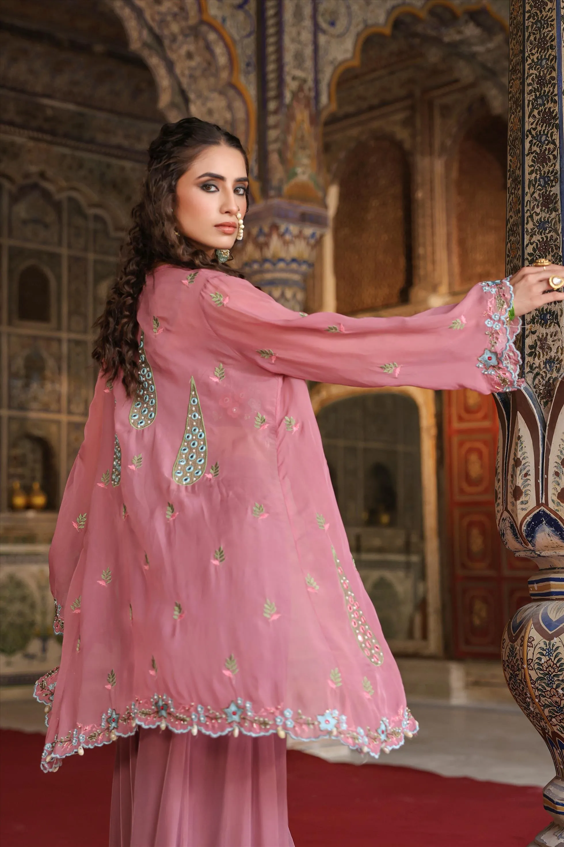 Mauve Crepe Silk Embroidered Palazzo Set With Cape