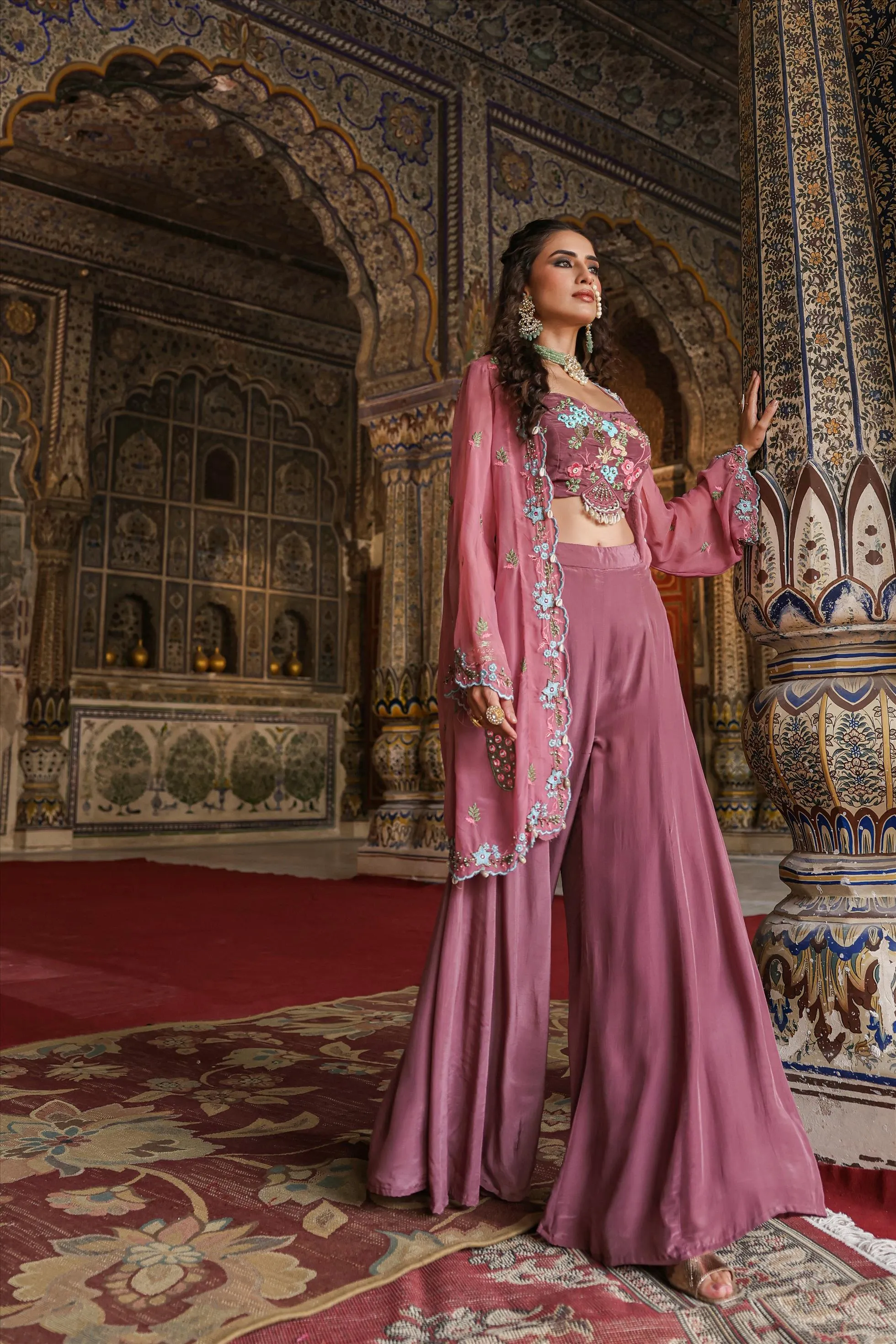 Mauve Crepe Silk Embroidered Palazzo Set With Cape
