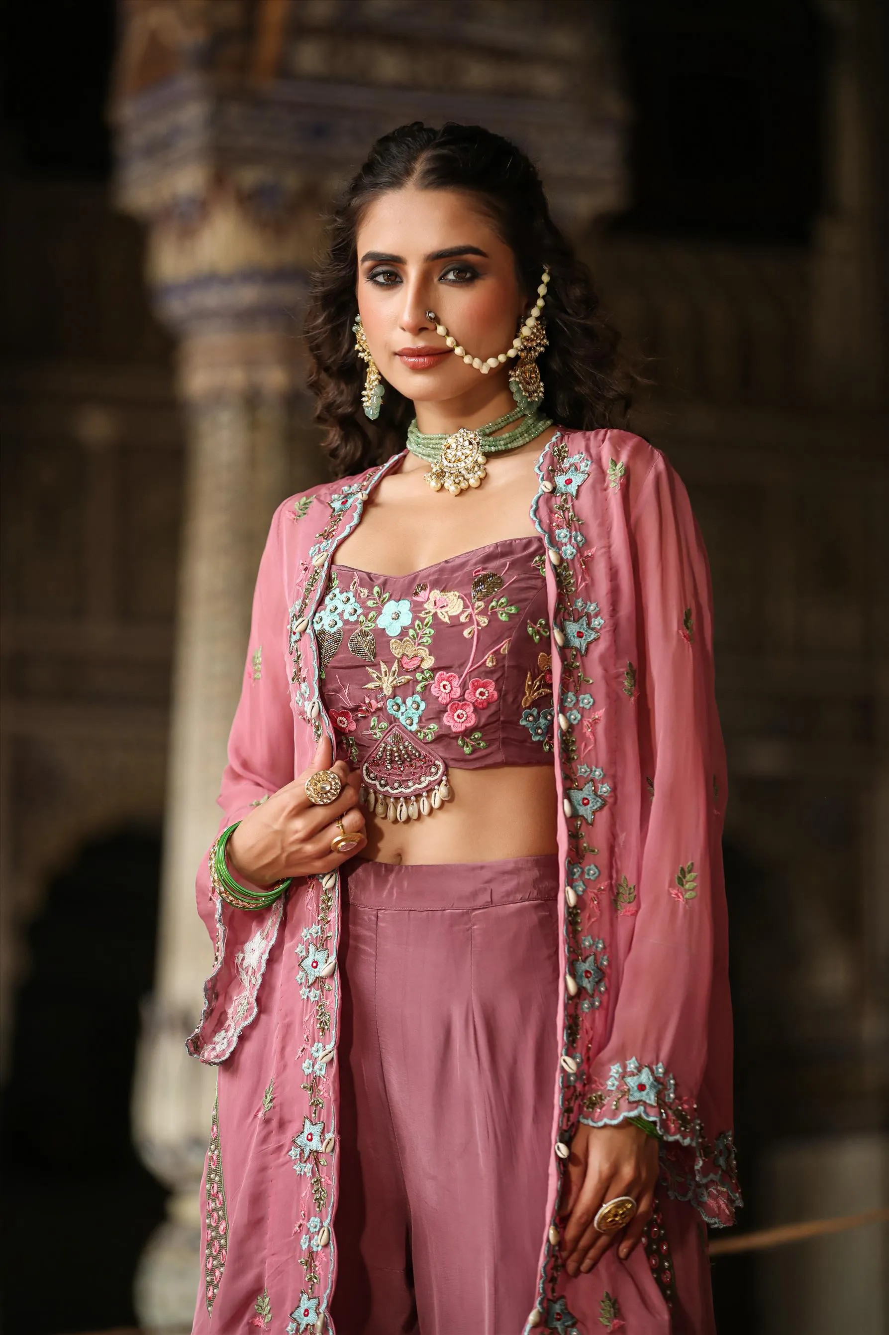 Mauve Crepe Silk Embroidered Palazzo Set With Cape