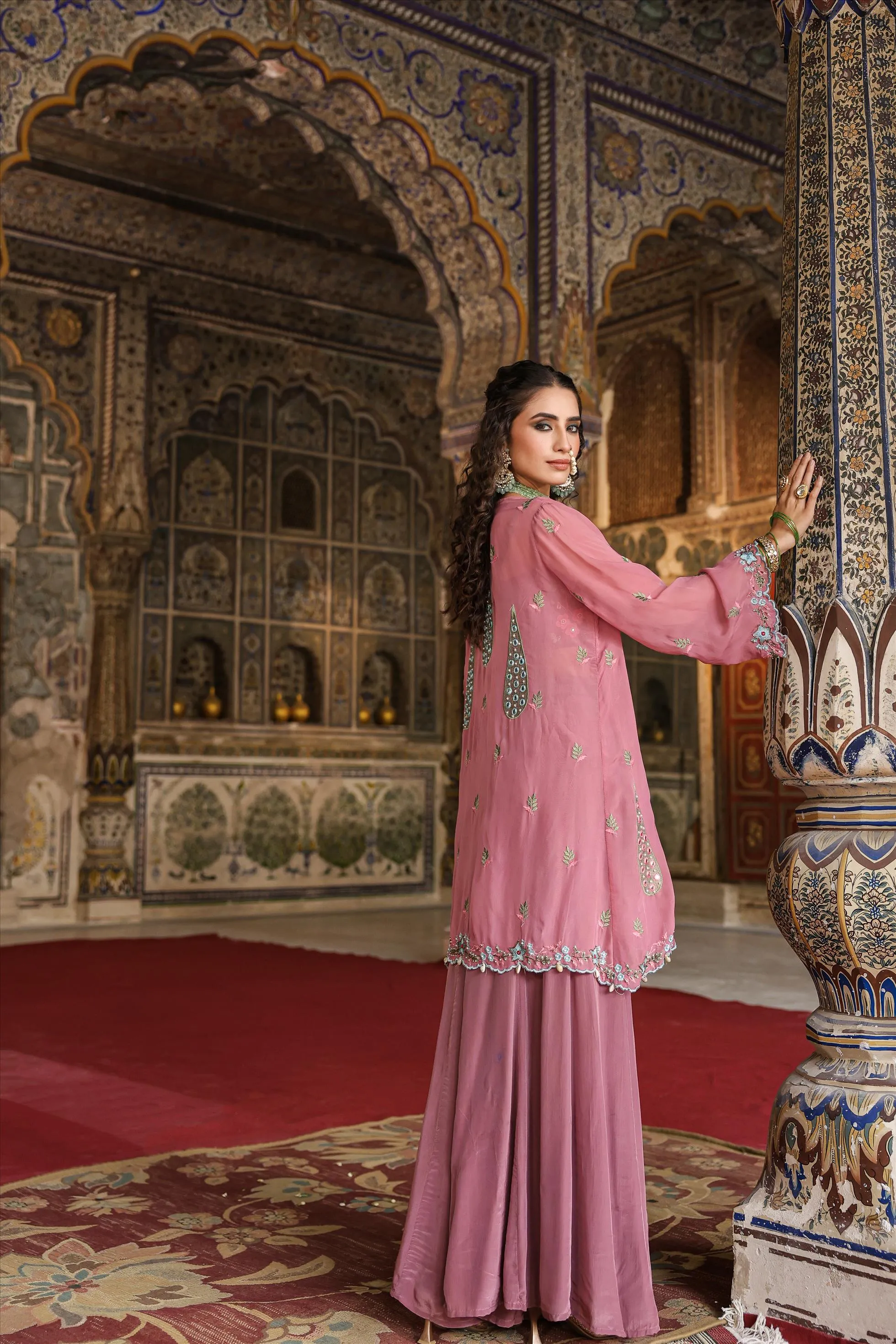 Mauve Crepe Silk Embroidered Palazzo Set With Cape