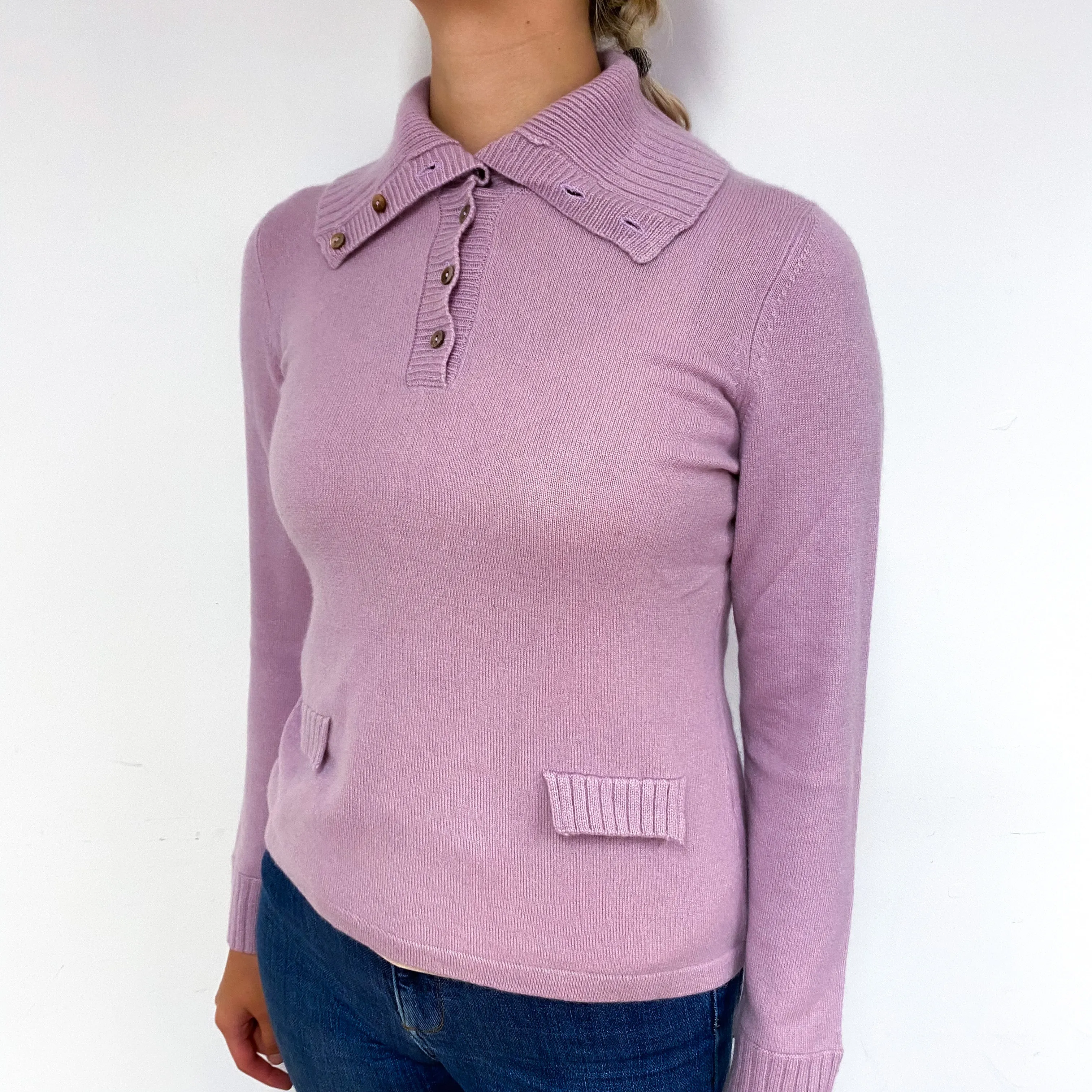 Mauve Pink Cashmere Buttoned Polo Neck Jumper Small