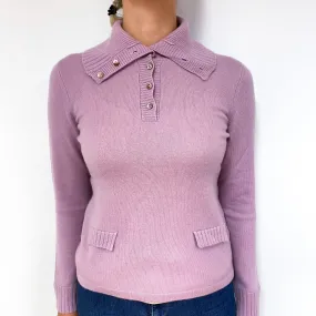 Mauve Pink Cashmere Buttoned Polo Neck Jumper Small