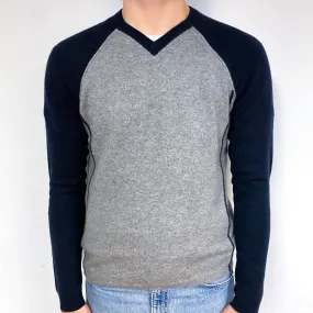 Men's Grey and Navy Cashmere V-Neck Jumper Medium