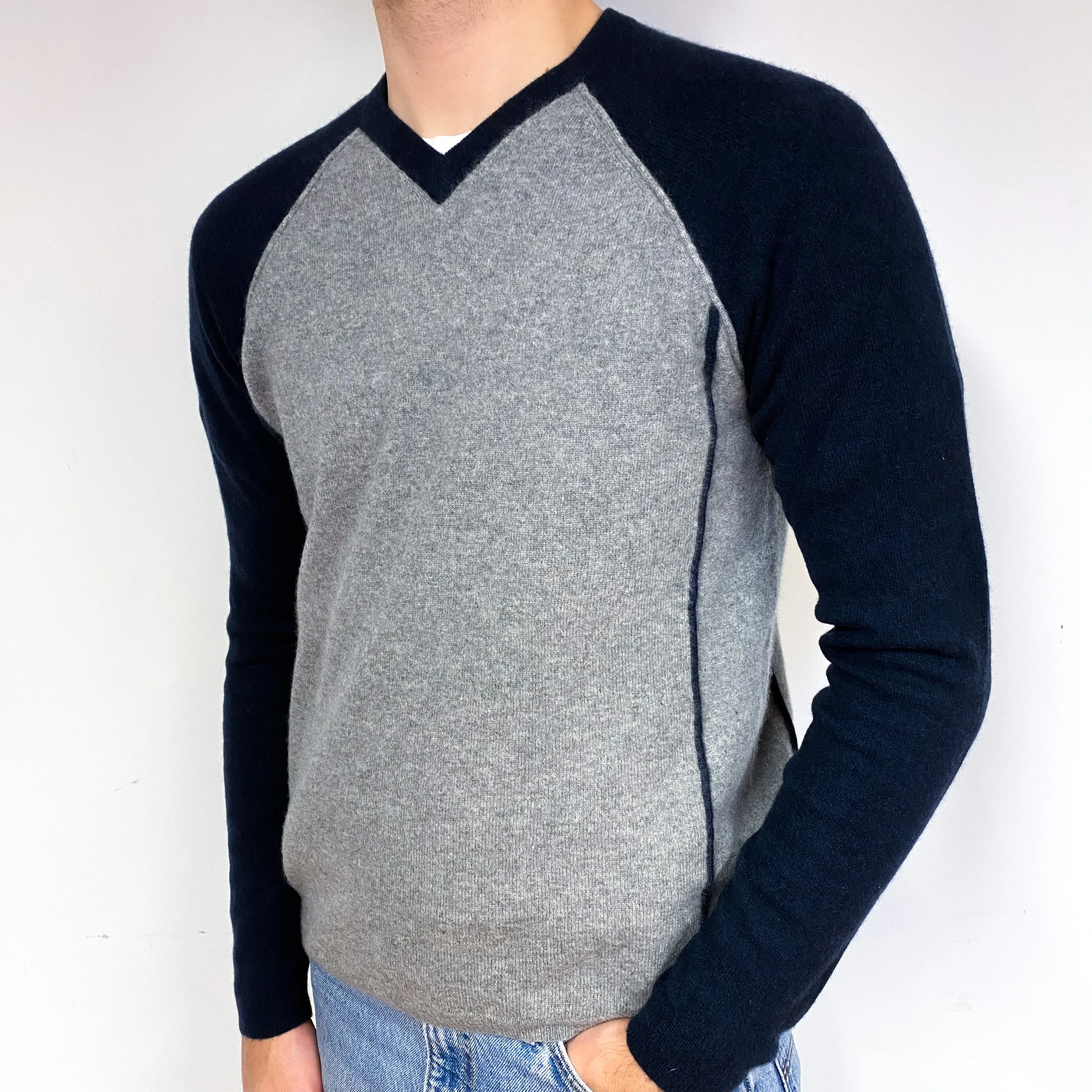 Men's Grey and Navy Cashmere V-Neck Jumper Medium