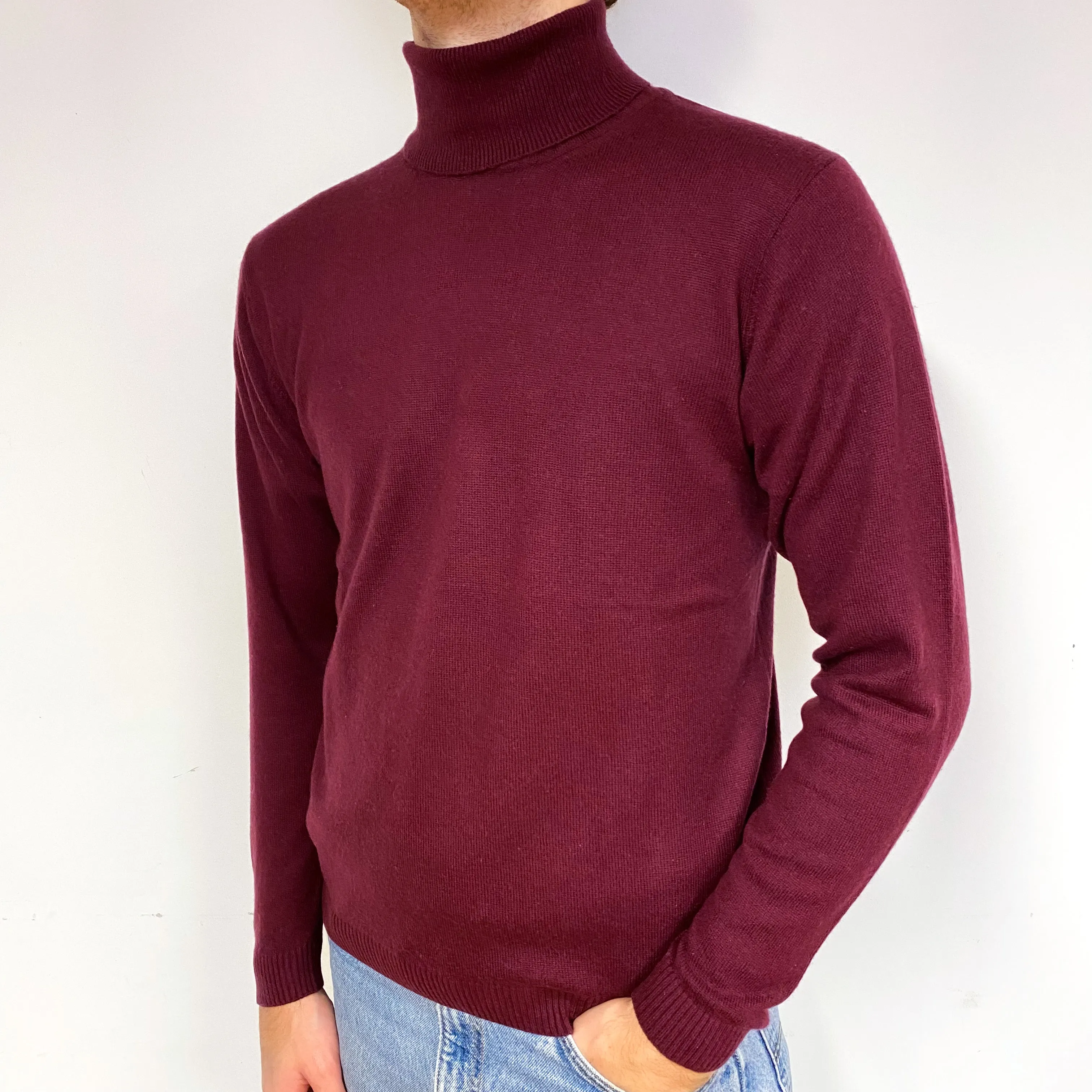 Men's Mulberry Purple Cashmere Polo Neck Jumper Medium