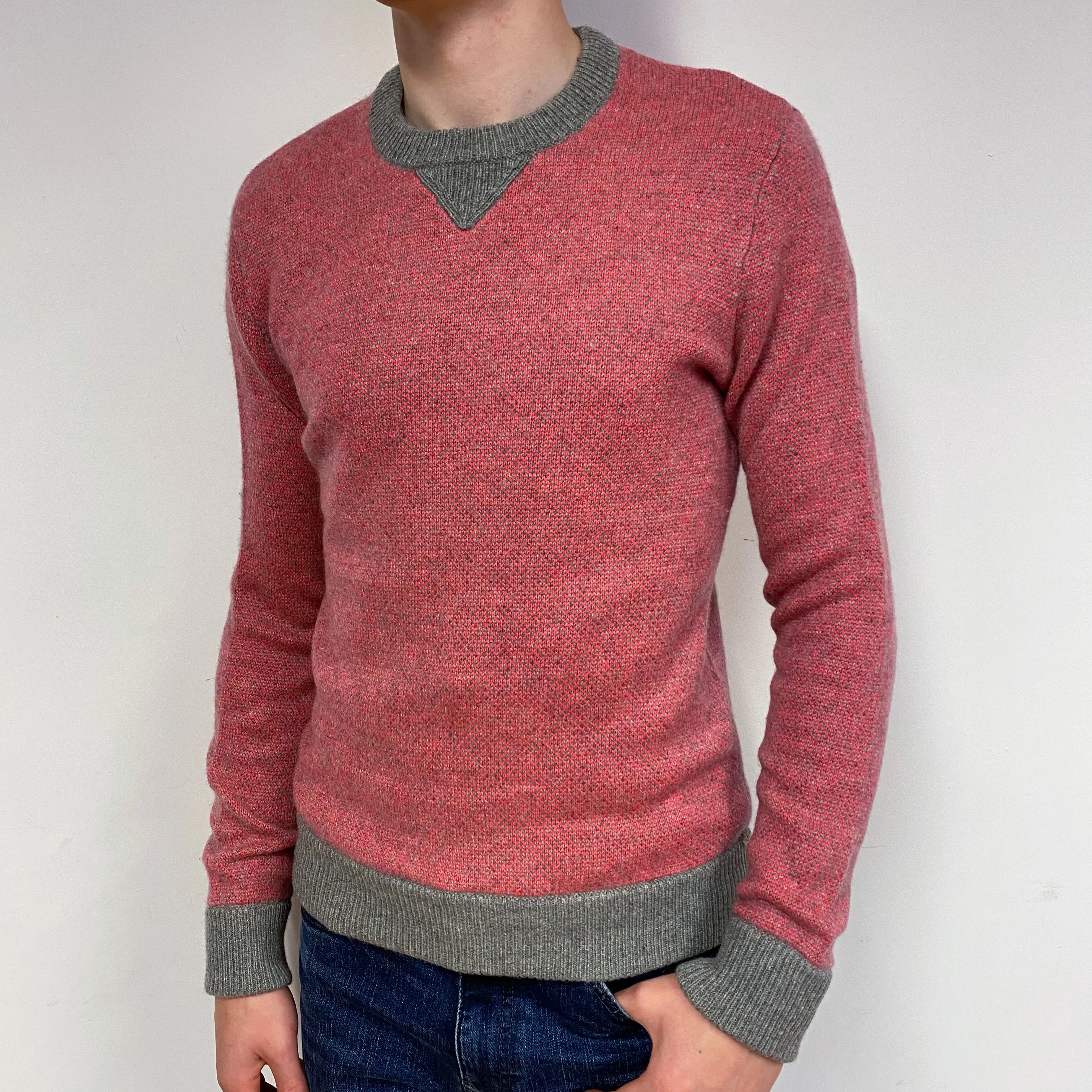 Men's Orange and Grey Cashmere Crew Neck Jumper
