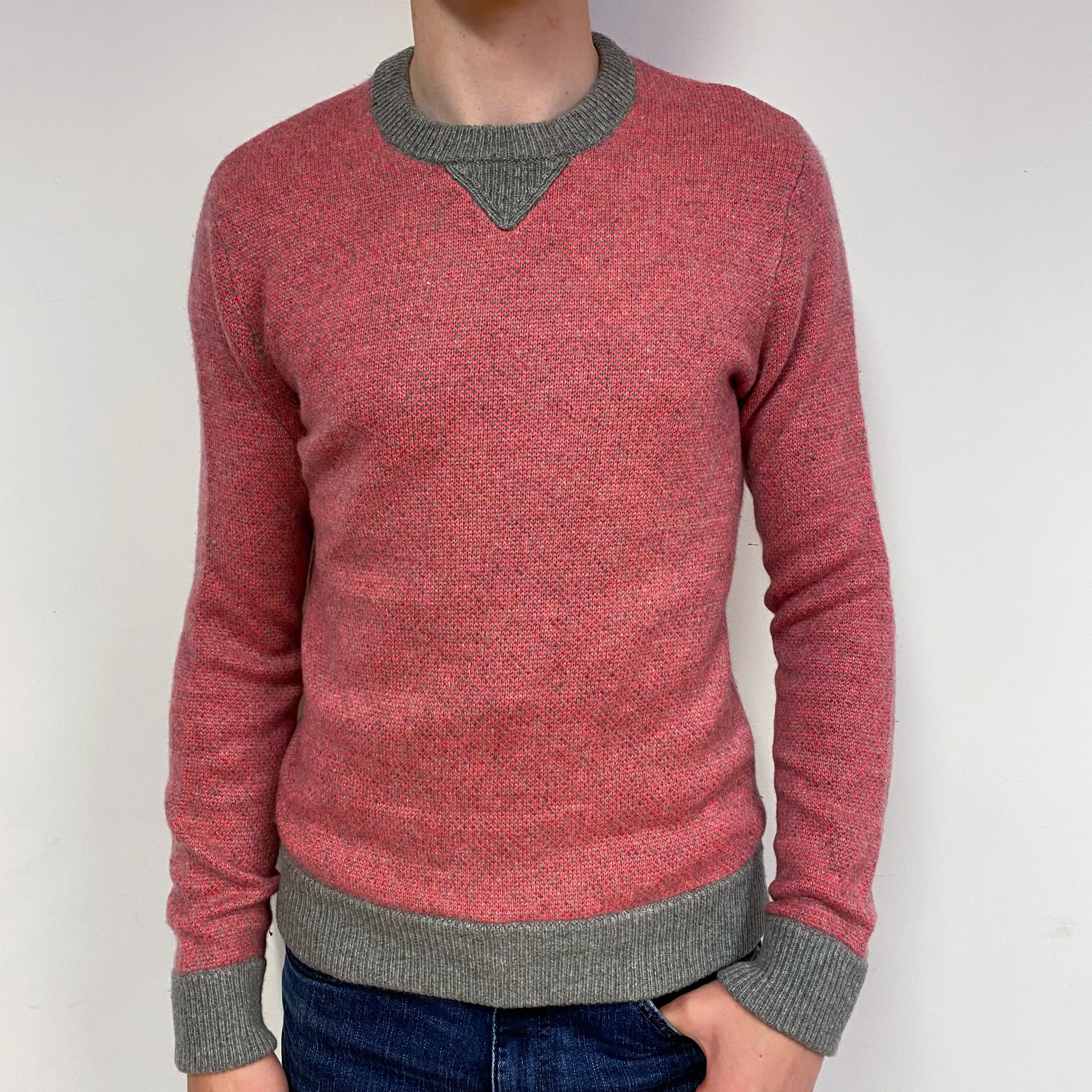 Men's Orange and Grey Cashmere Crew Neck Jumper