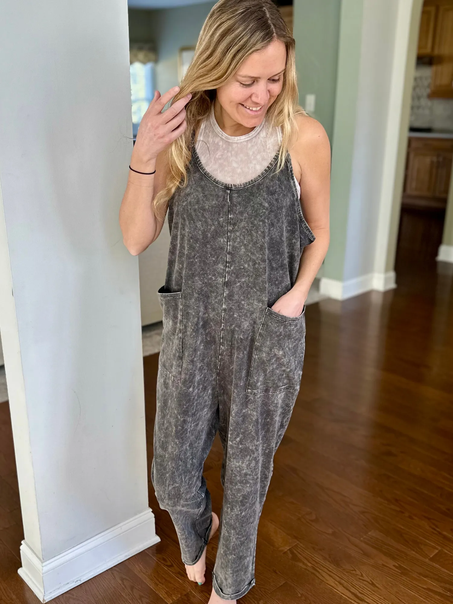 Mineral Wash Overalls with Pockets in Ash Black