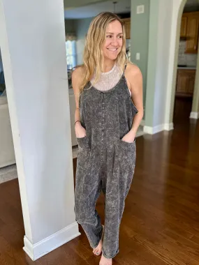 Mineral Wash Overalls with Pockets in Ash Black