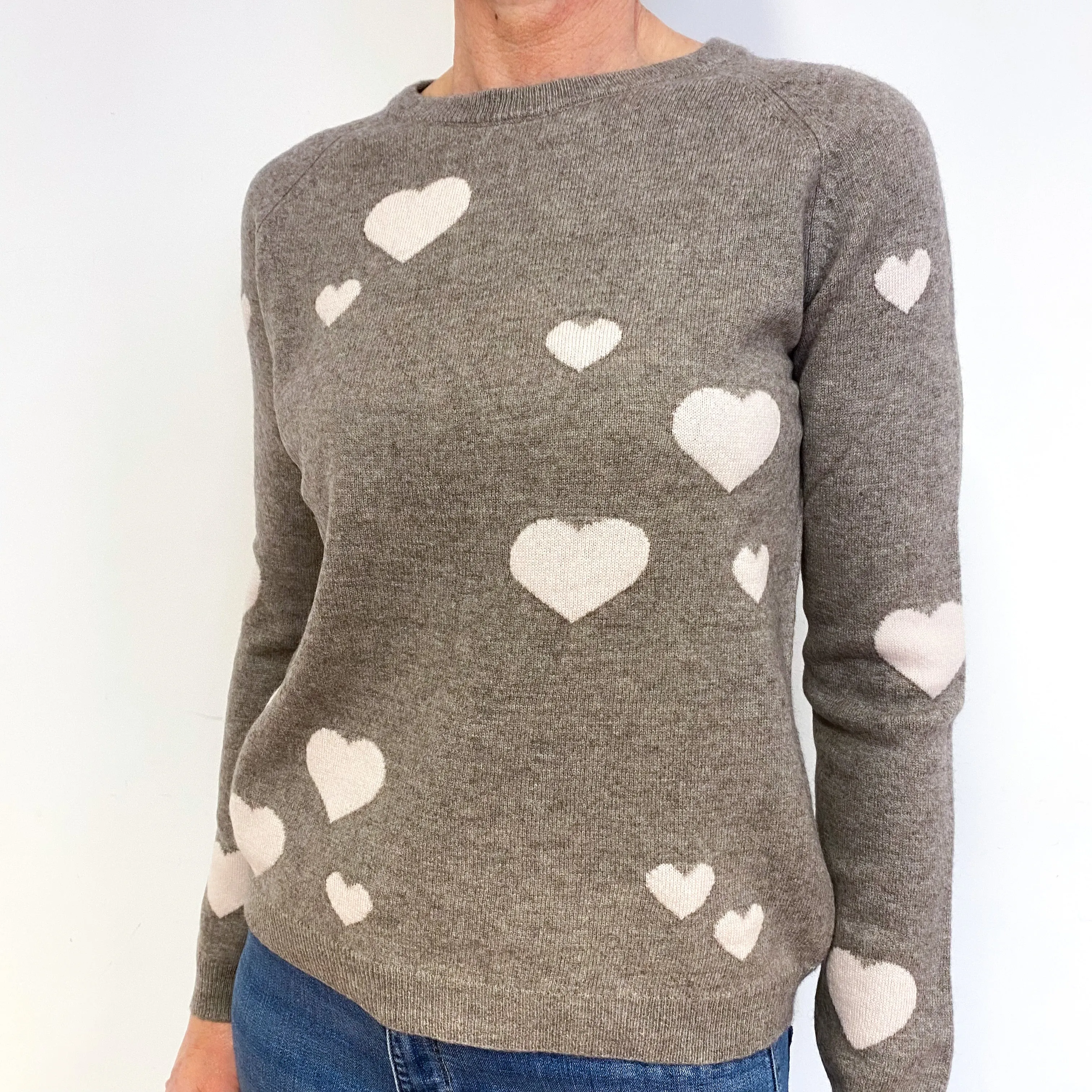 Mink Brown Love Heart Cashmere Crew Neck Jumper Small