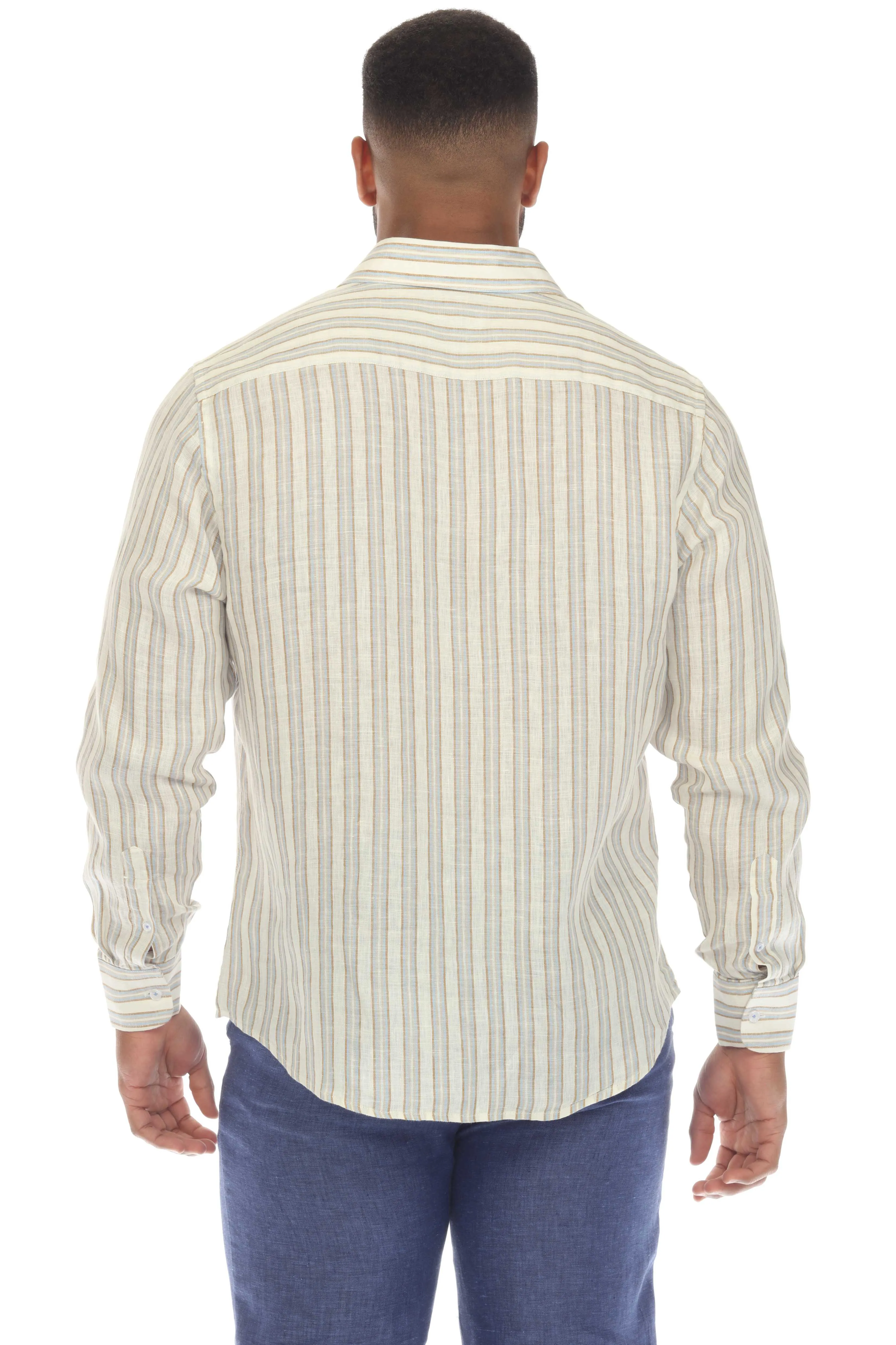 Mojito Men's Causal Pinstripe Shirt 100% Linen Long Sleeve Button Down
