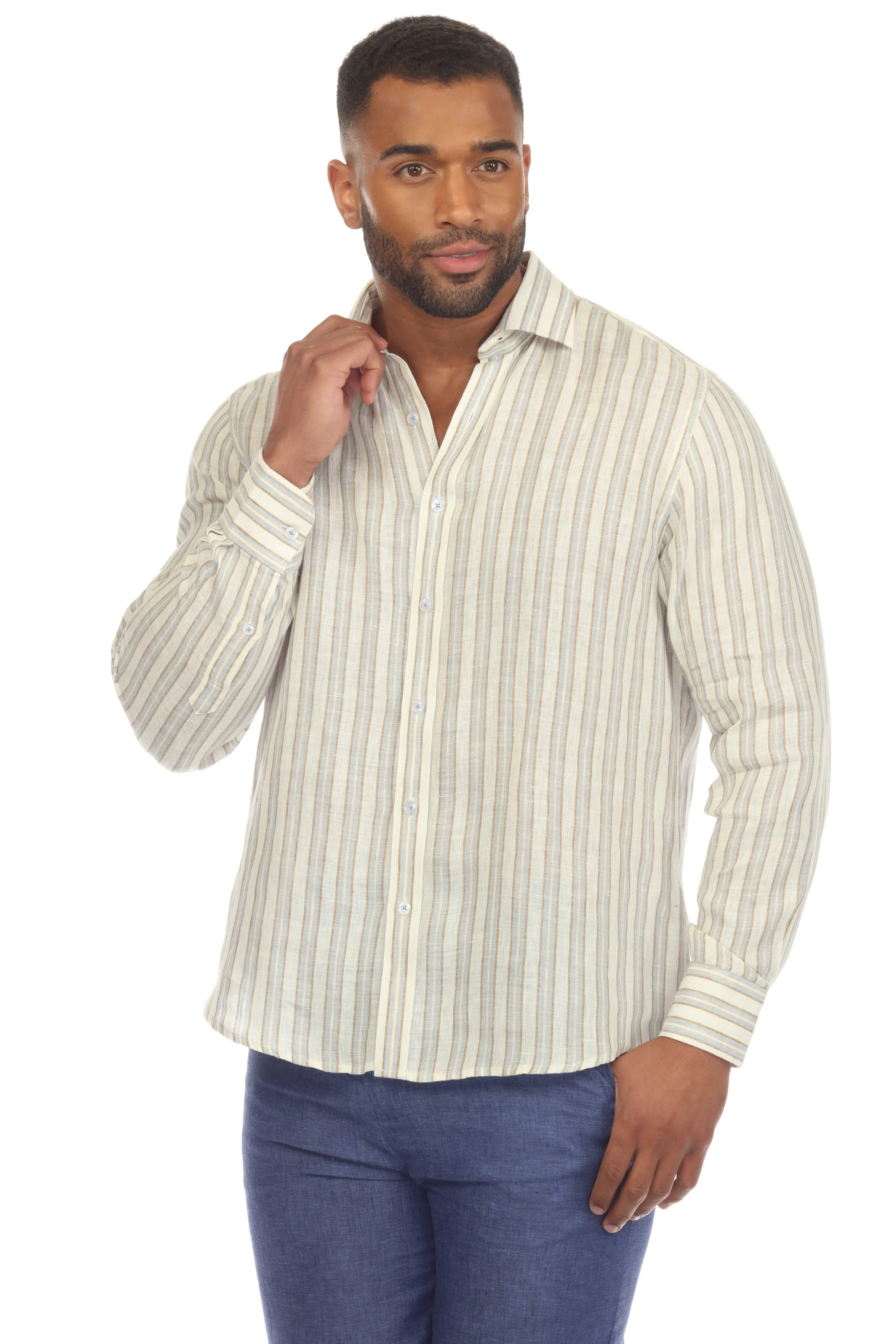 Mojito Men's Causal Pinstripe Shirt 100% Linen Long Sleeve Button Down