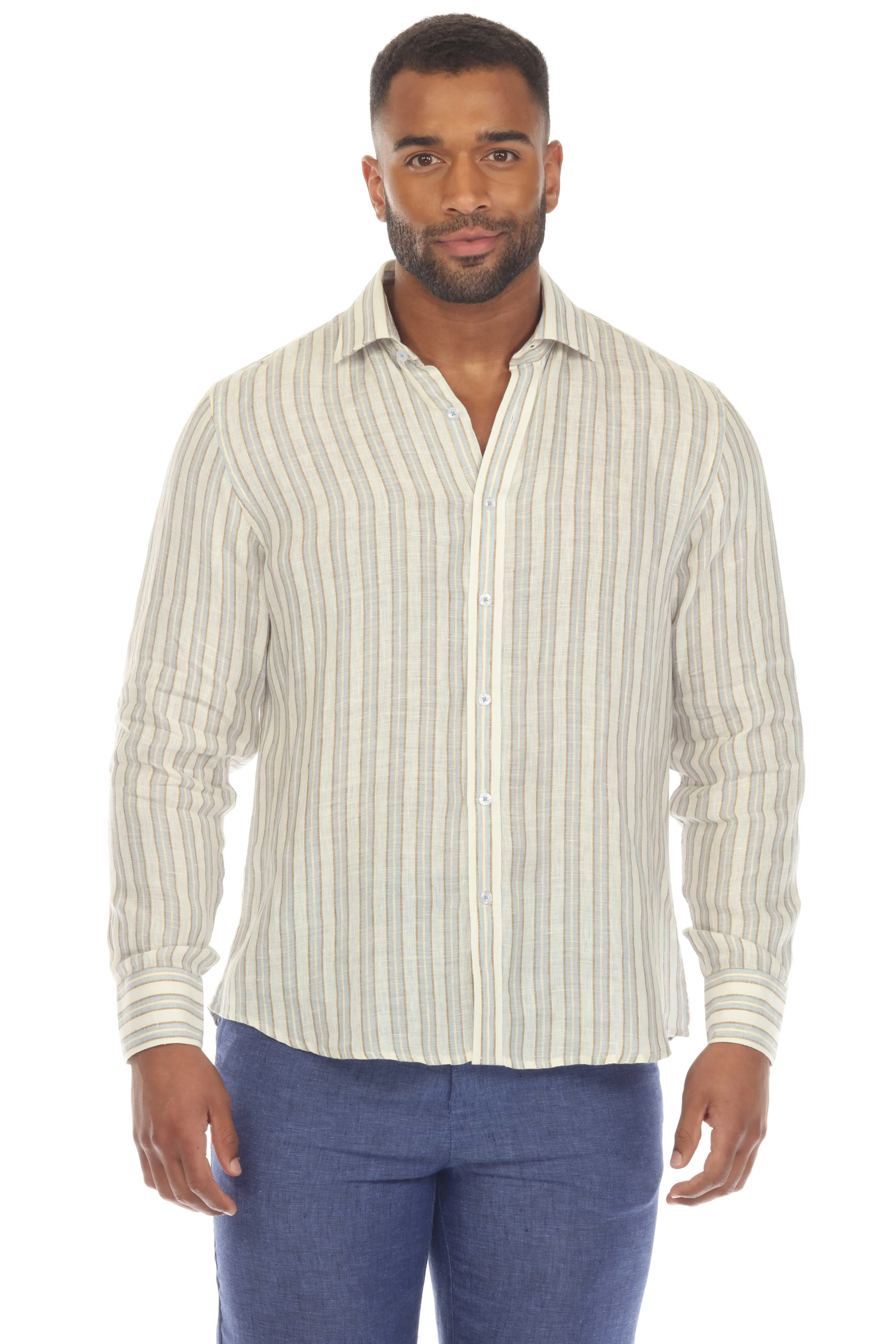 Mojito Men's Causal Pinstripe Shirt 100% Linen Long Sleeve Button Down
