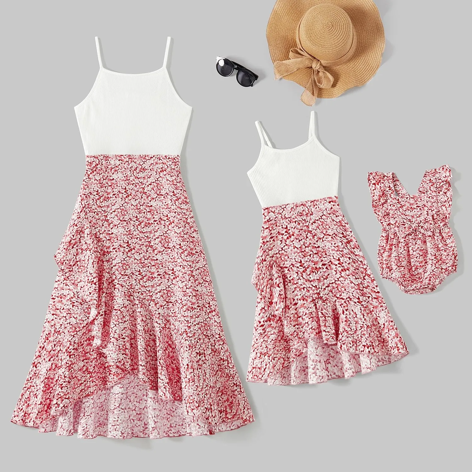 Mommy and Me Cotton Ribbed Spliced Floral Print Ruffle Trim Tulip Hem Cami Dresses