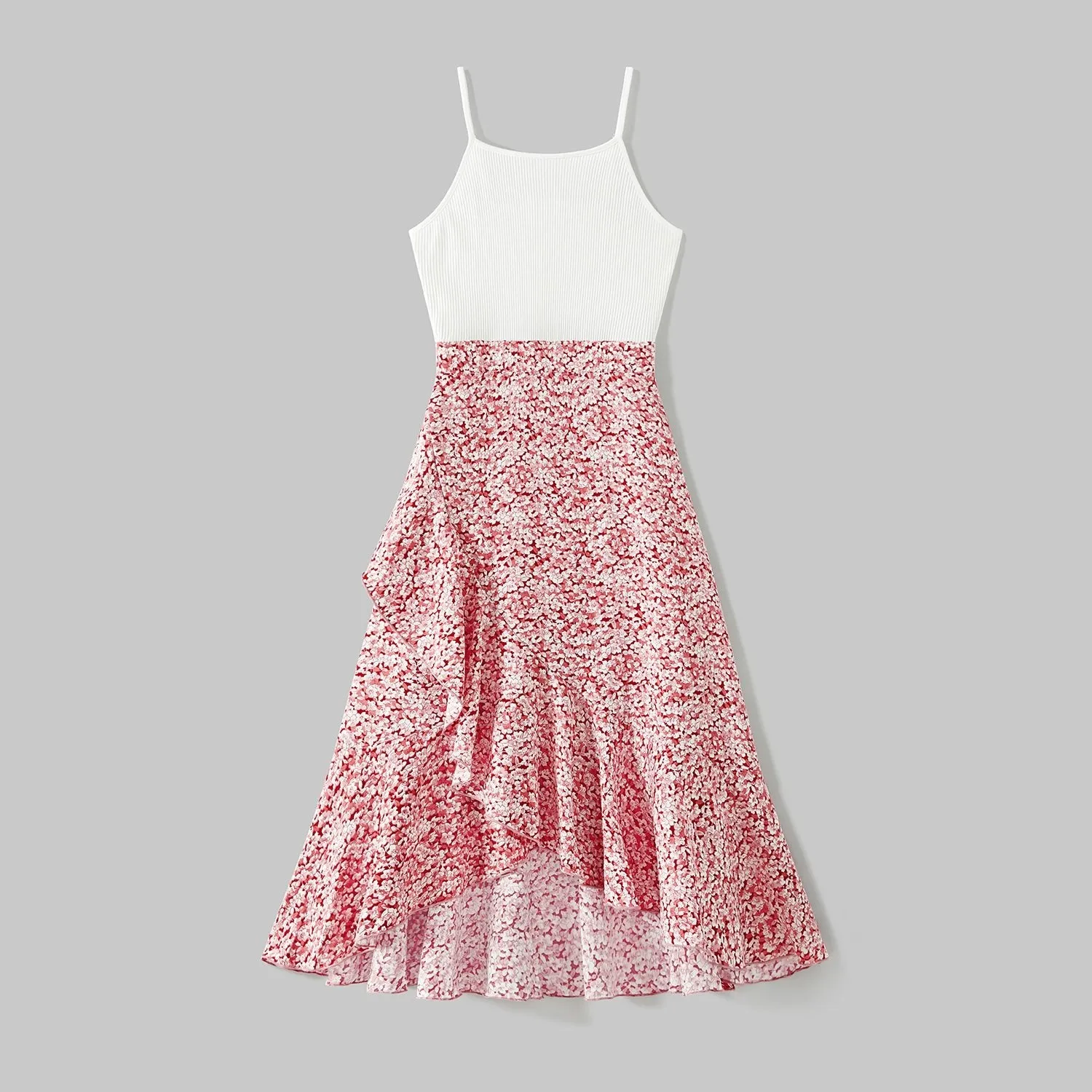 Mommy and Me Cotton Ribbed Spliced Floral Print Ruffle Trim Tulip Hem Cami Dresses