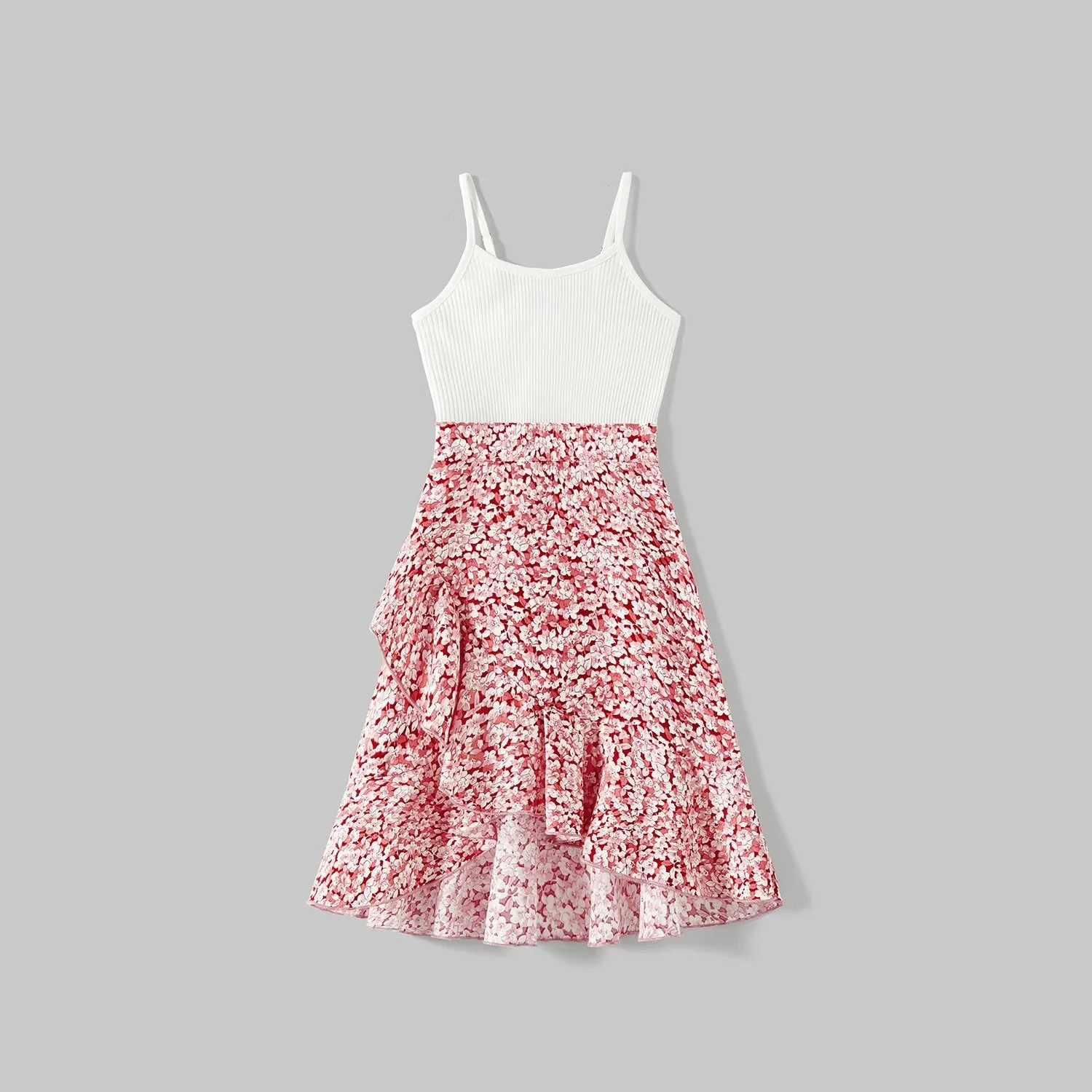 Mommy and Me Cotton Ribbed Spliced Floral Print Ruffle Trim Tulip Hem Cami Dresses