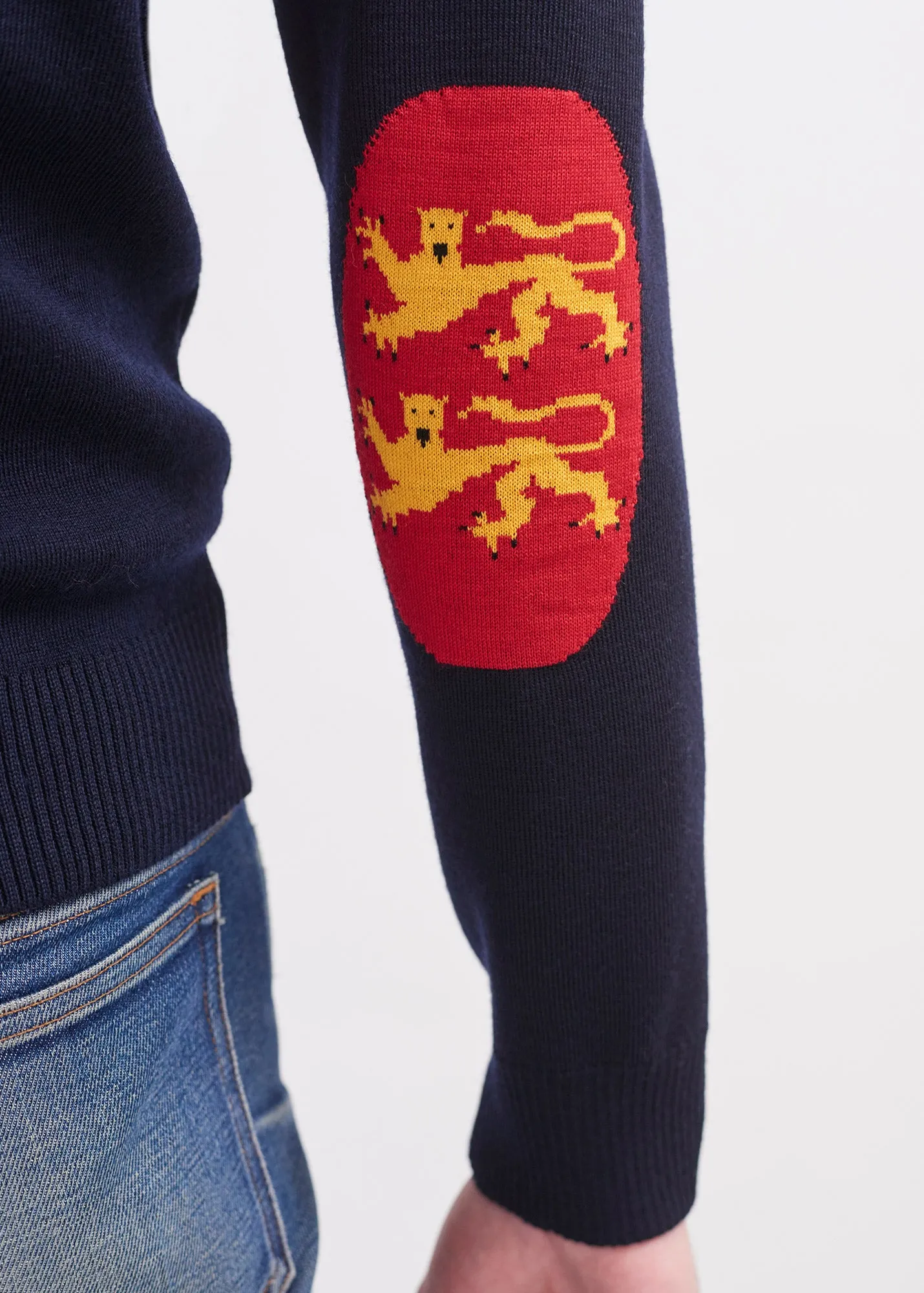 Mondiovision Normandie jumper - in wool, jacquard elbow patches (NAVY/MULTICO)