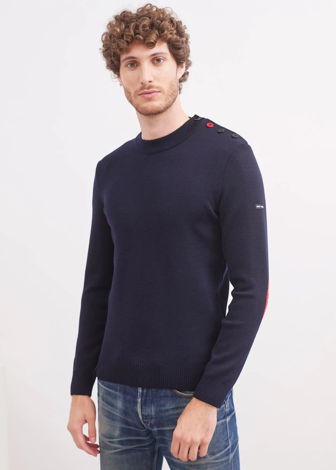 Mondiovision Normandie jumper - in wool, jacquard elbow patches (NAVY/MULTICO)