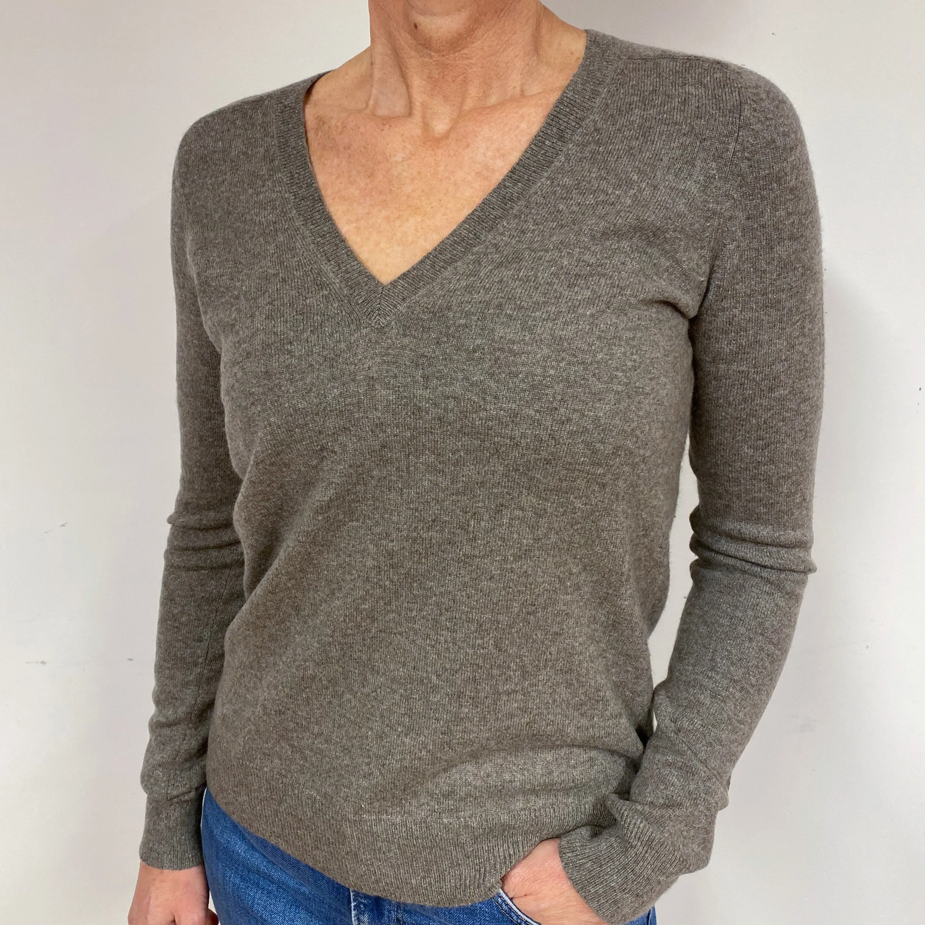 Muted Brown Cashmere V-Neck Jumper Medium