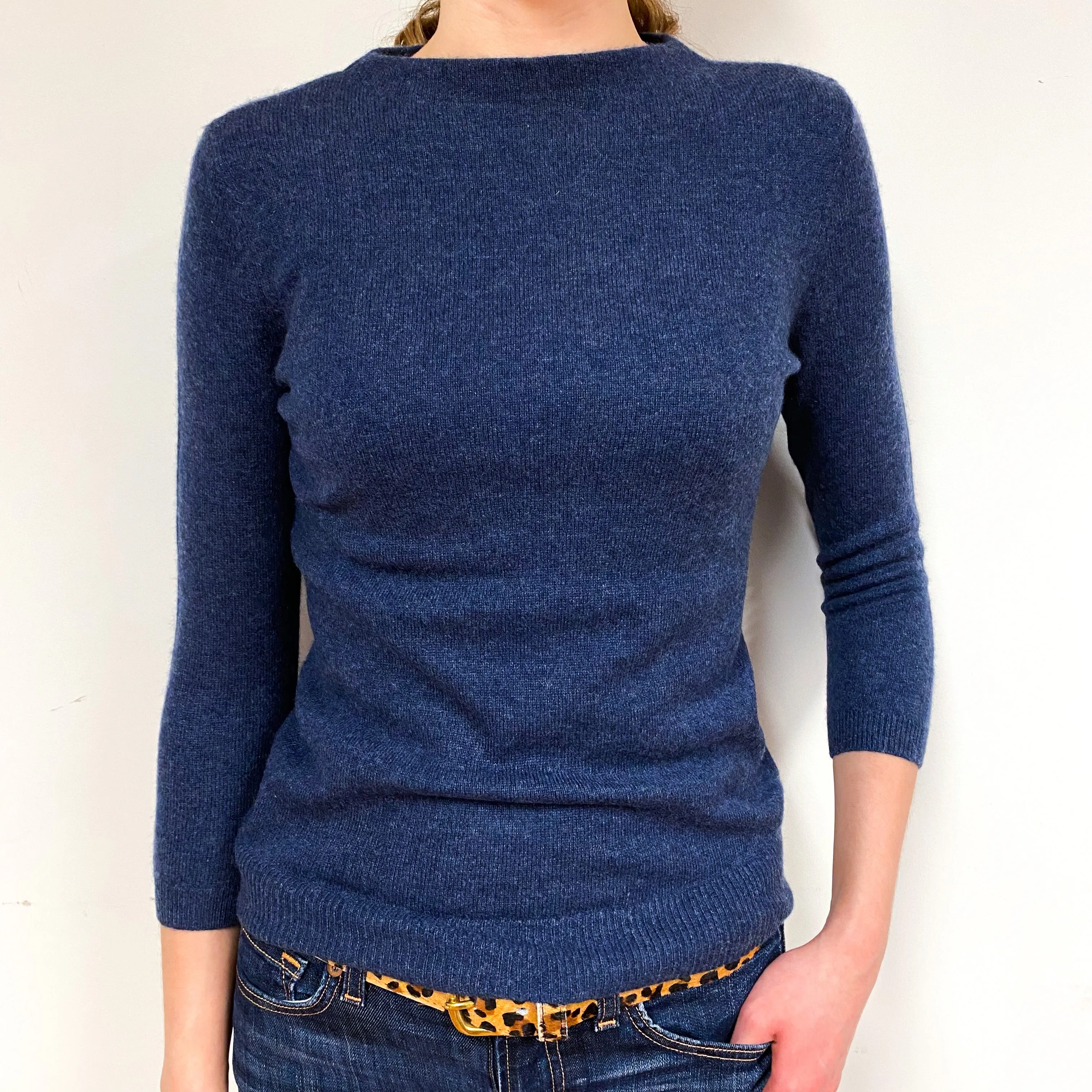 Naval Blue 3/4 Sleeve Cashmere Crew Neck Jumper Extra Small