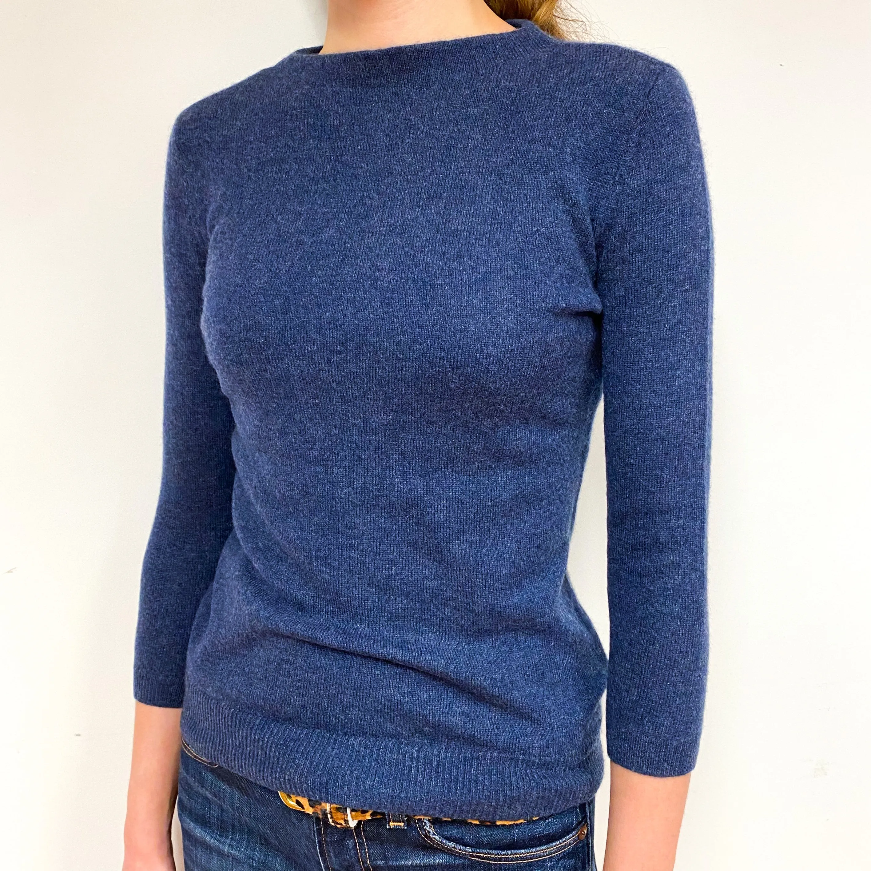 Naval Blue 3/4 Sleeve Cashmere Crew Neck Jumper Extra Small