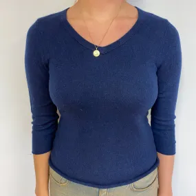 Navy Blue 3/4 Sleeve Cashmere V-Neck Jumper Small