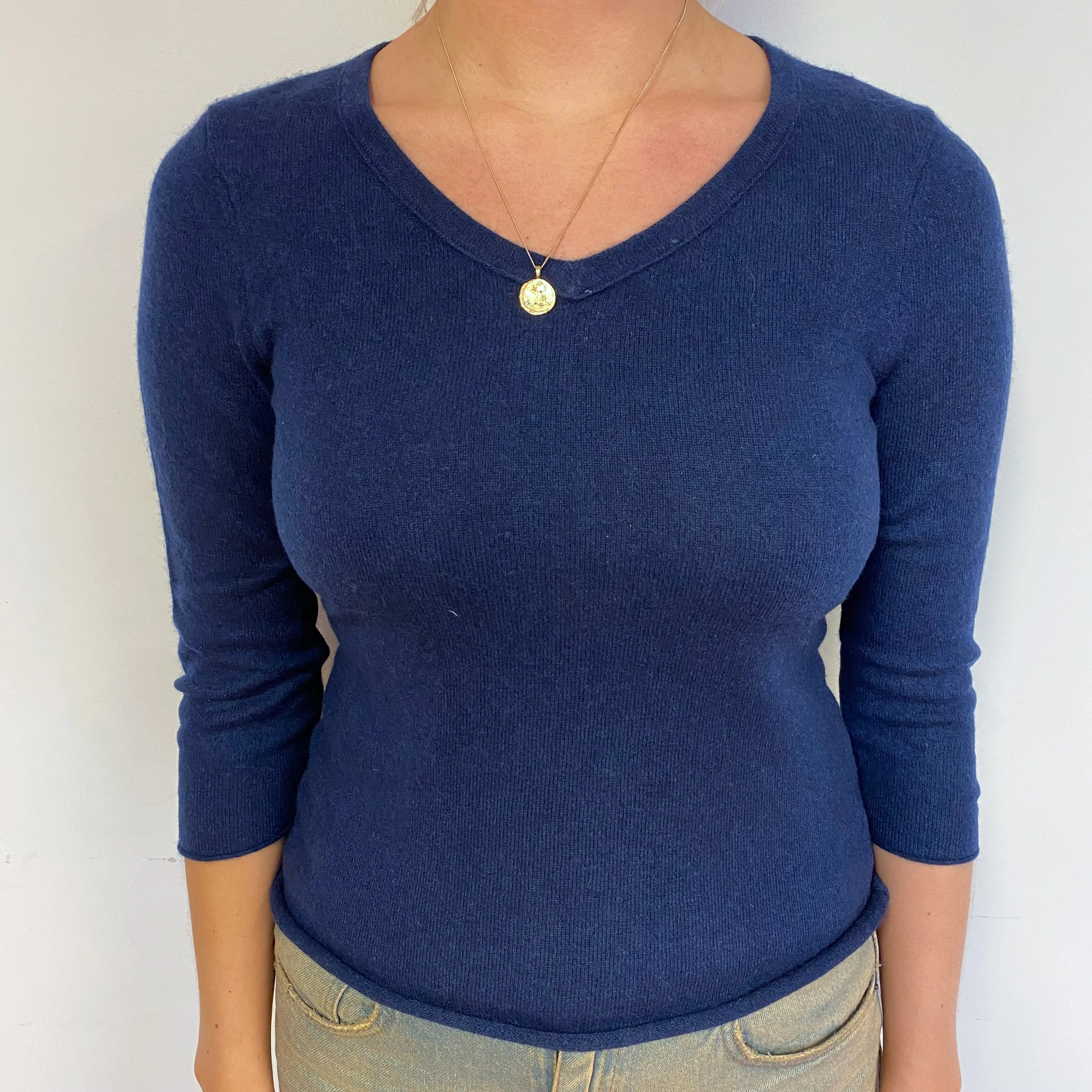 Navy Blue 3/4 Sleeve Cashmere V-Neck Jumper Small