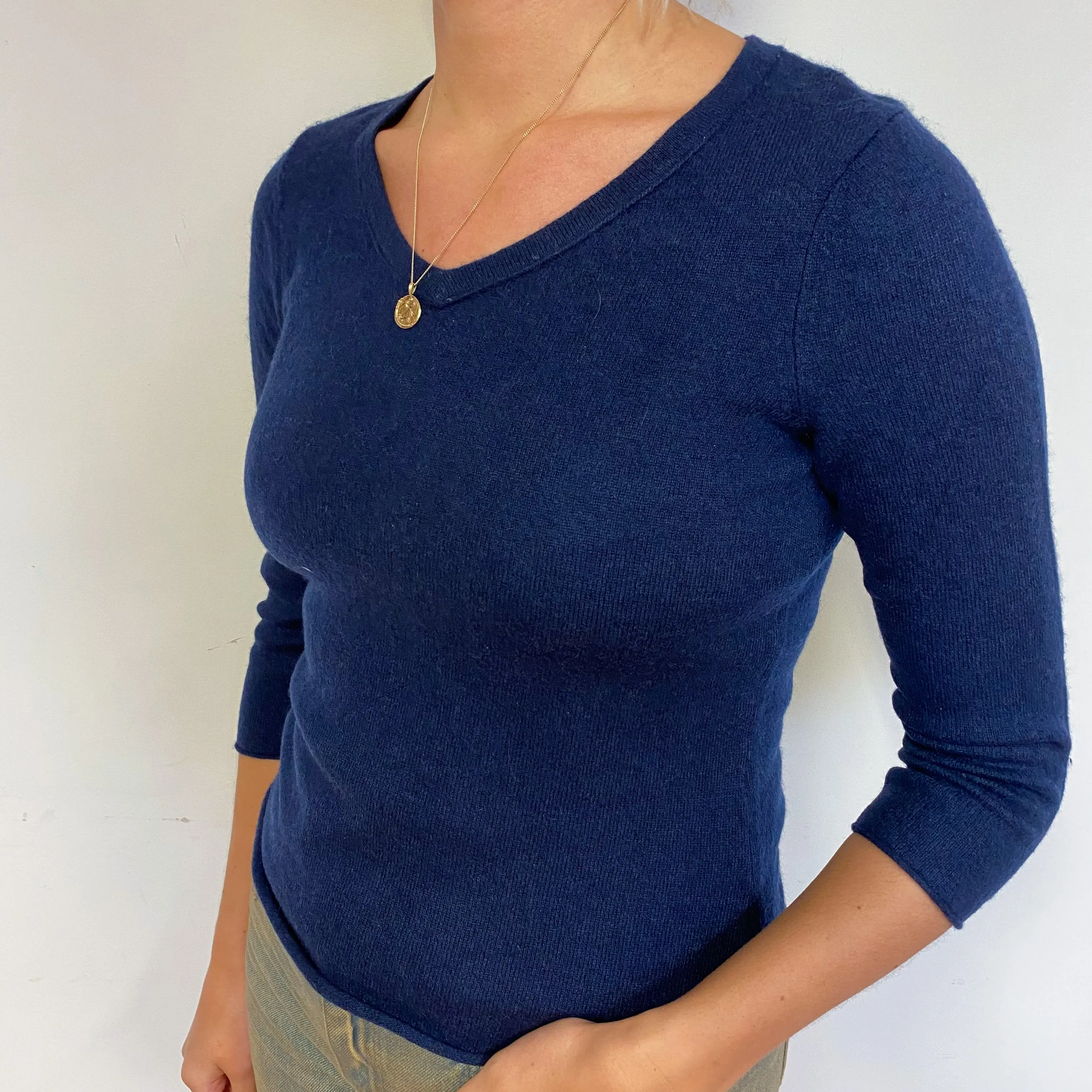 Navy Blue 3/4 Sleeve Cashmere V-Neck Jumper Small