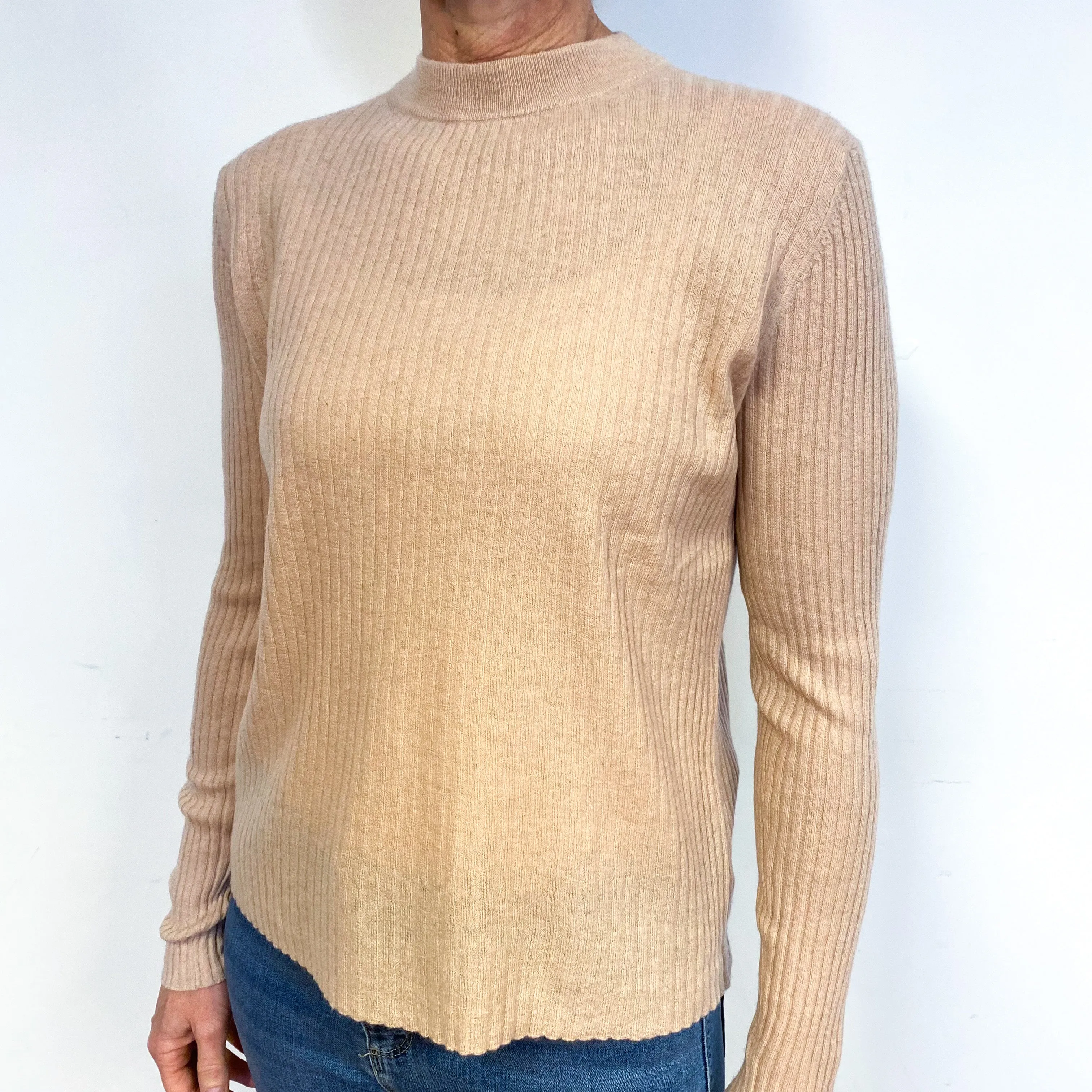 Nude Pink Ribbed Fine Knit Cashmere Crew Neck Jumper Medium