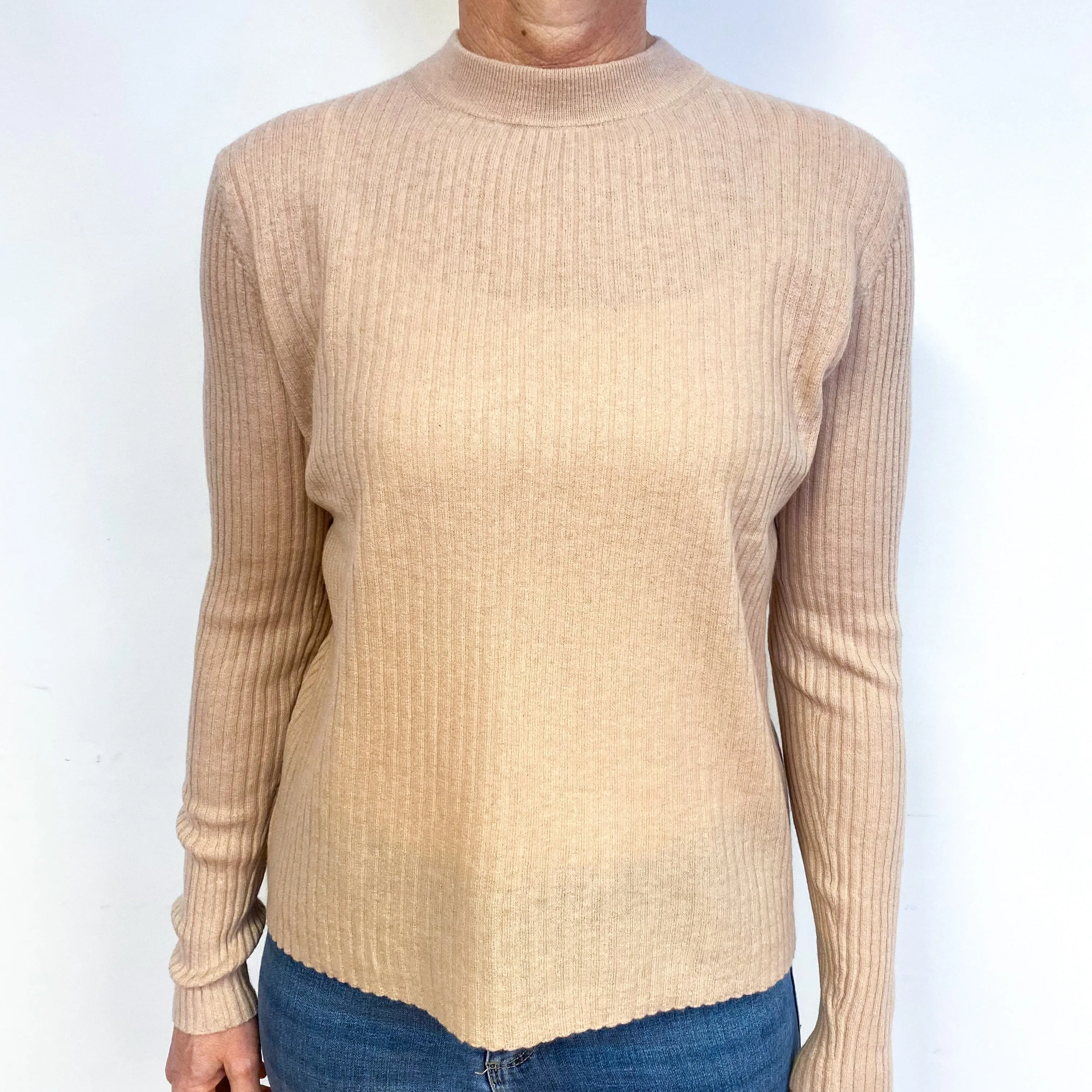 Nude Pink Ribbed Fine Knit Cashmere Crew Neck Jumper Medium