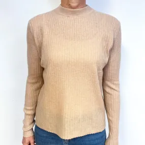 Nude Pink Ribbed Fine Knit Cashmere Crew Neck Jumper Medium