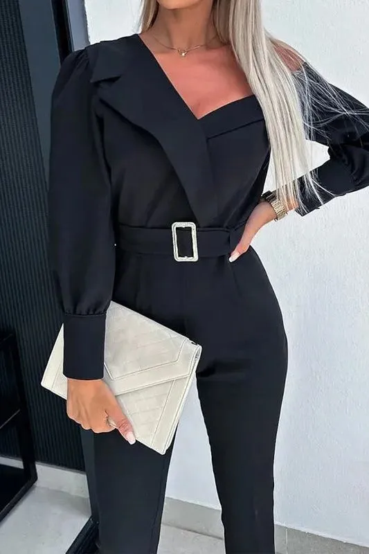 Oblique Shoulder Collar Waist Jumpsuit