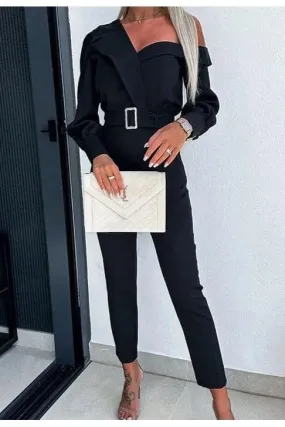 Oblique Shoulder Collar Waist Jumpsuit