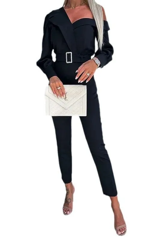 Oblique Shoulder Collar Waist Jumpsuit