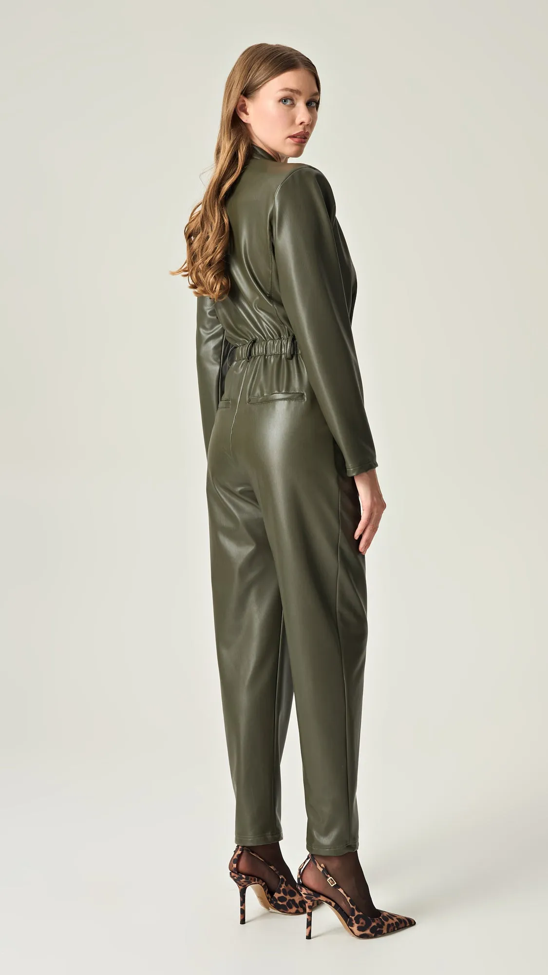 OLIVE COMMAND SOFT LEATHER JUMPSUIT