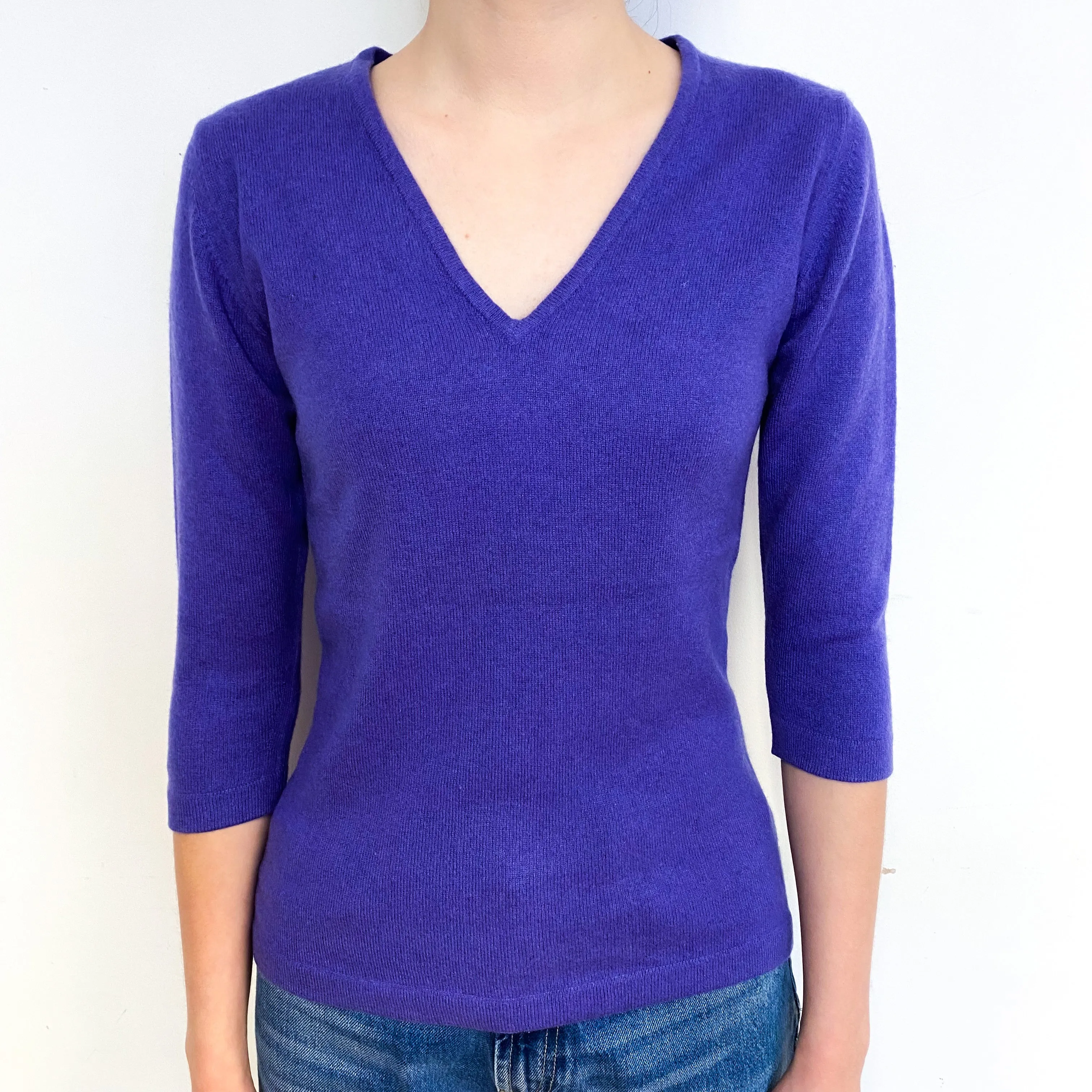 Pansy Purple 3/4 Sleeve Cashmere V-Neck Jumper Extra Small