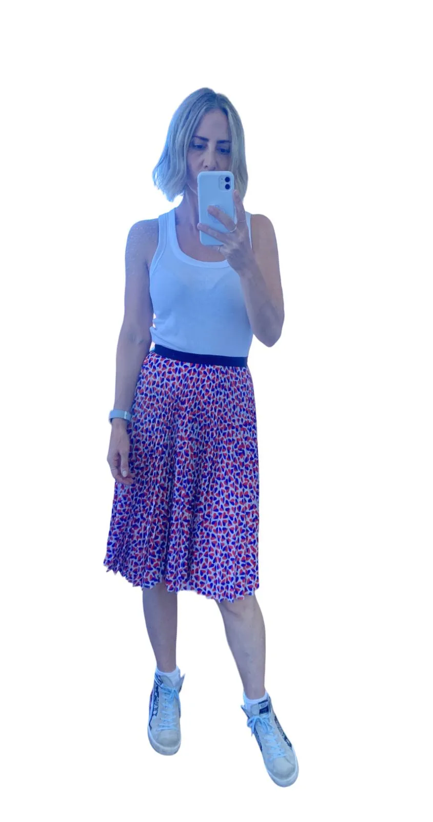 Paul Smith Pleated Midi Skirt | Size 40 / 8 AU,  Heart Print, Red, Blue, White