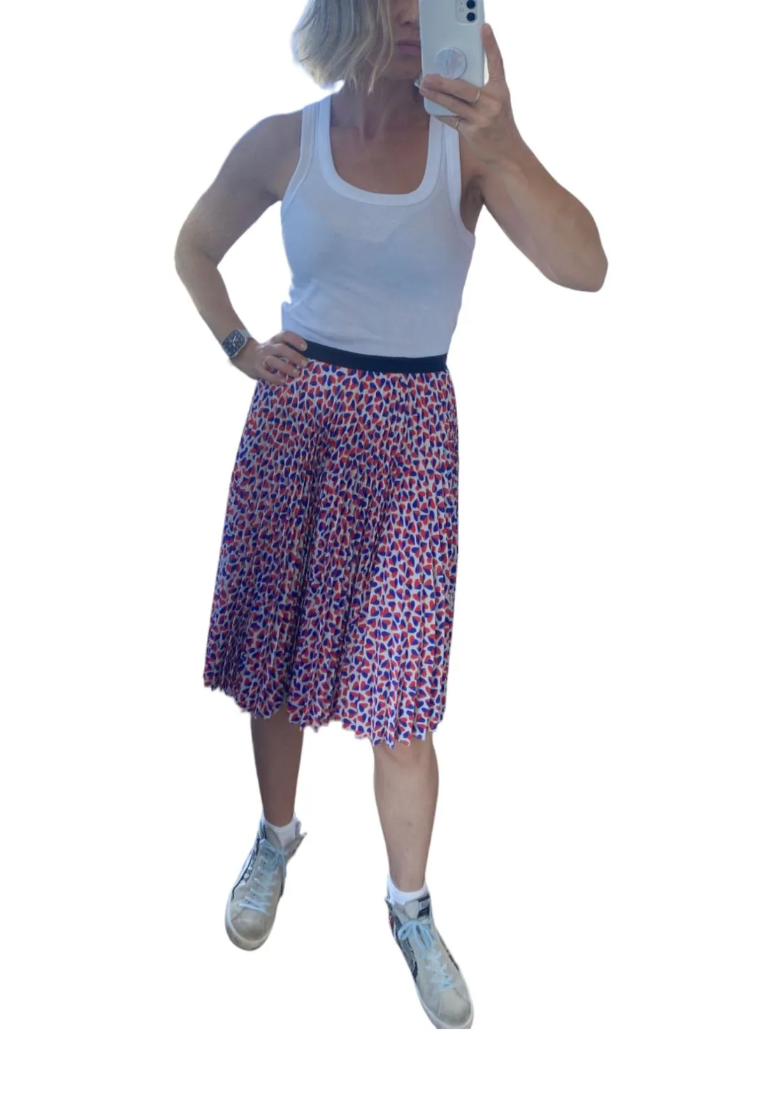 Paul Smith Pleated Midi Skirt | Size 40 / 8 AU,  Heart Print, Red, Blue, White