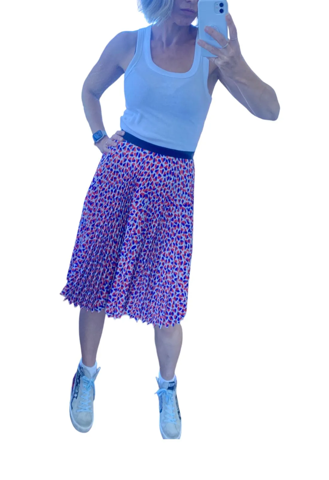 Paul Smith Pleated Midi Skirt | Size 40 / 8 AU,  Heart Print, Red, Blue, White