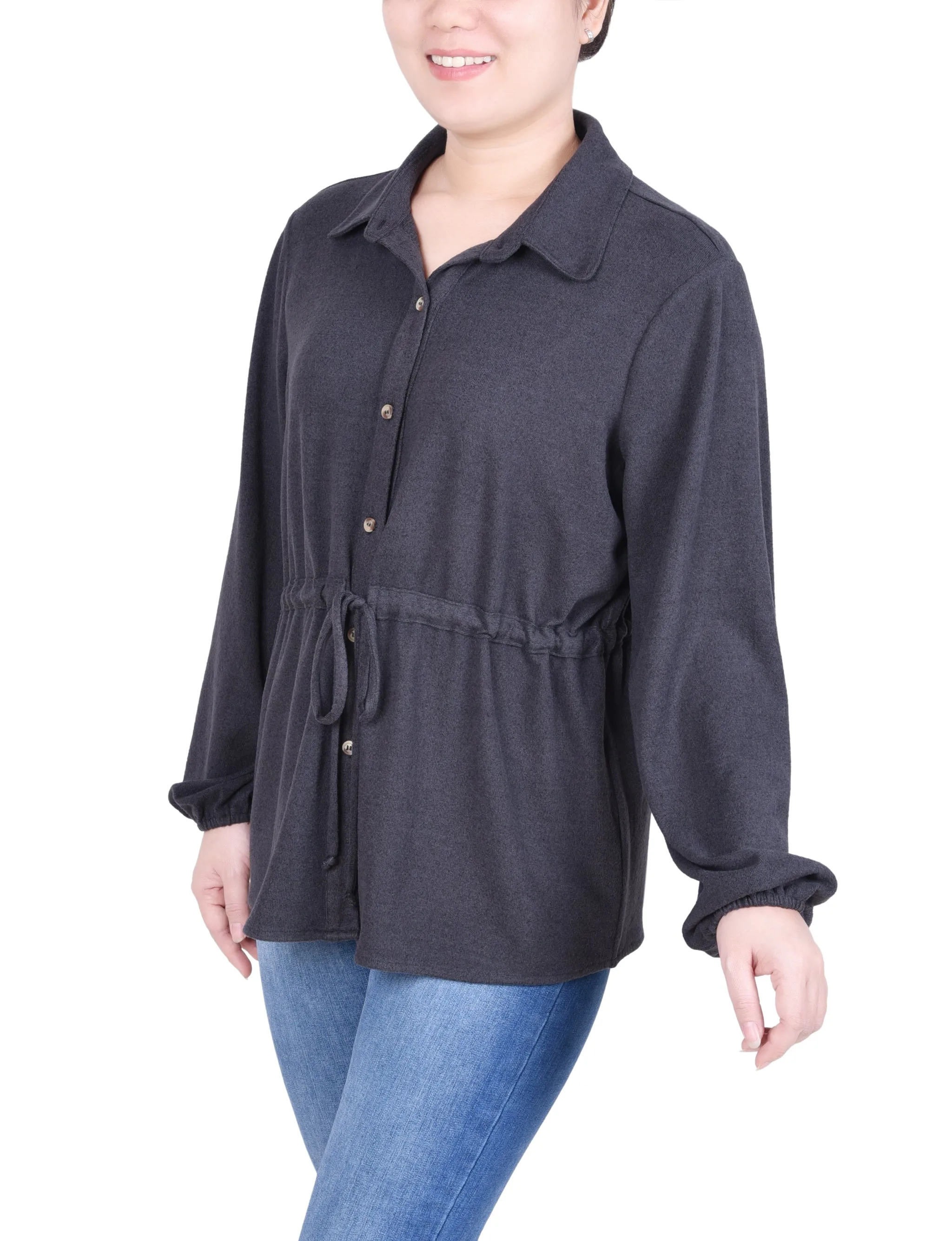 Petite Long Dolman Sleeve Drawstring-Waist Tunic Top