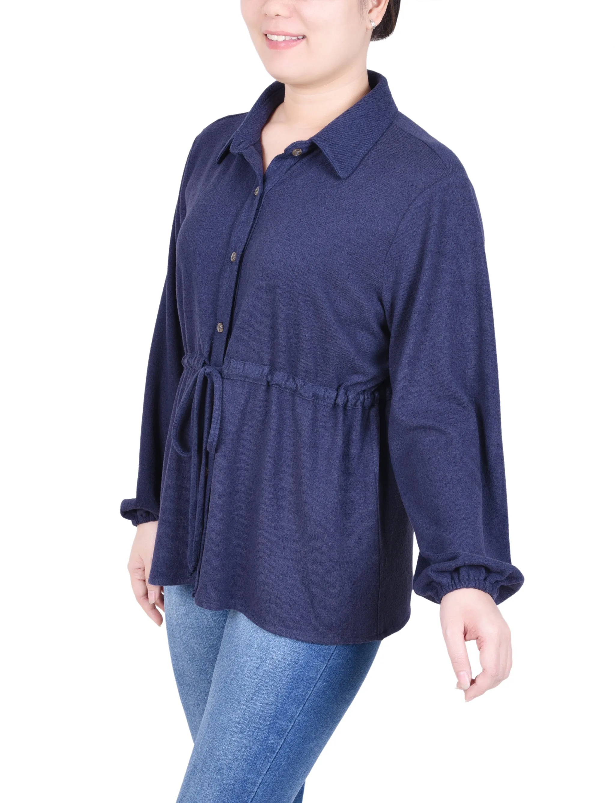 Petite Long Dolman Sleeve Drawstring-Waist Tunic Top