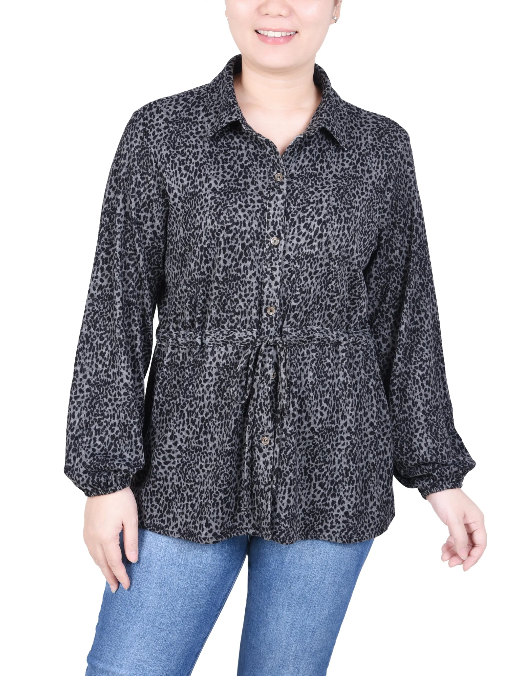 Petite Long Dolman Sleeve Drawstring-Waist Tunic Top