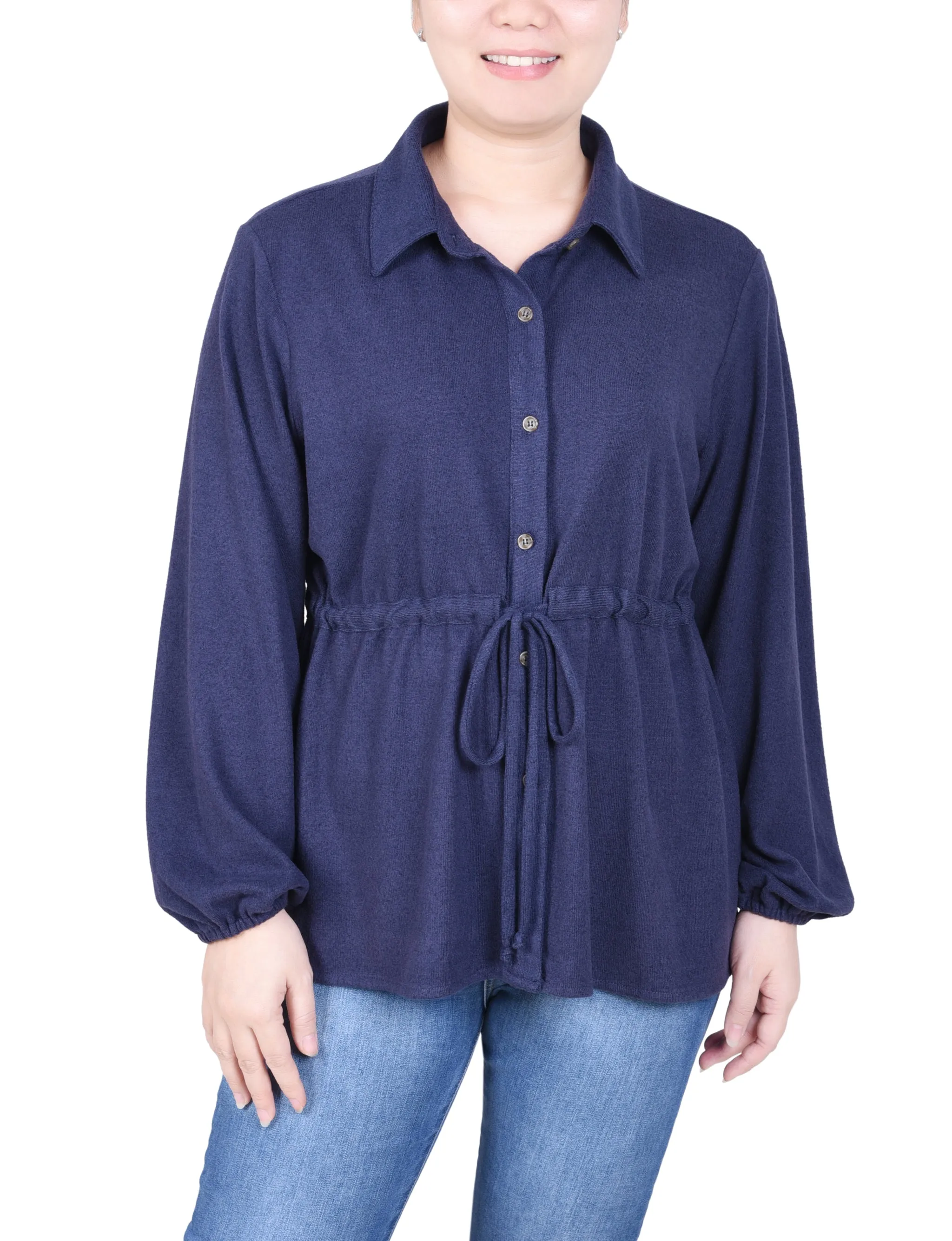 Petite Long Dolman Sleeve Drawstring-Waist Tunic Top