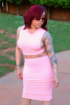 Pink Knit Keyhole Top &Arched Vent Skirt Set