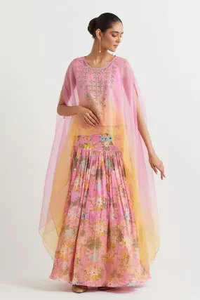 Pink Ombre Embroidered Cape & Printed Skirt Set