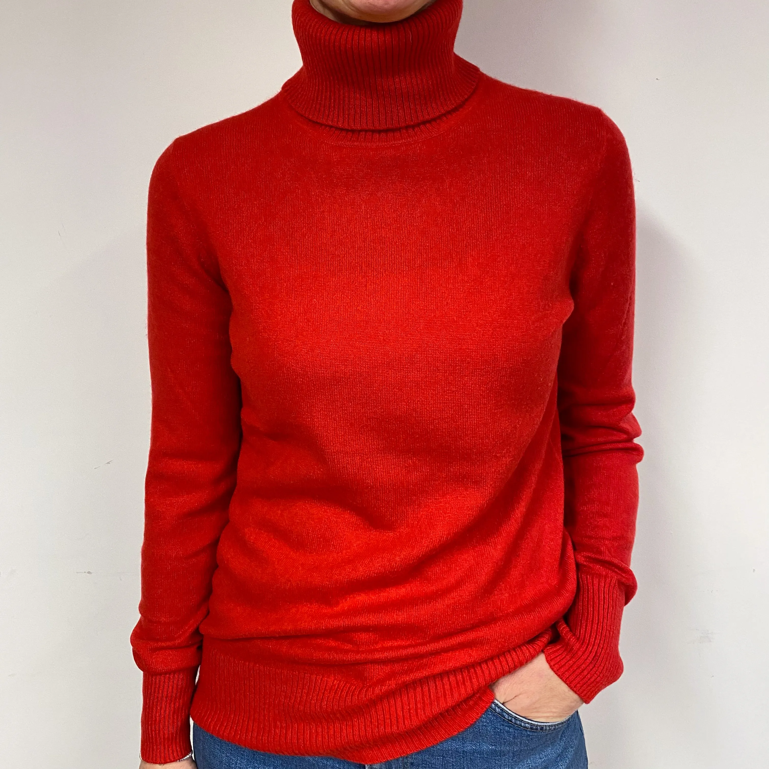 Post Box Red Cashmere Polo Neck Jumper Medium
