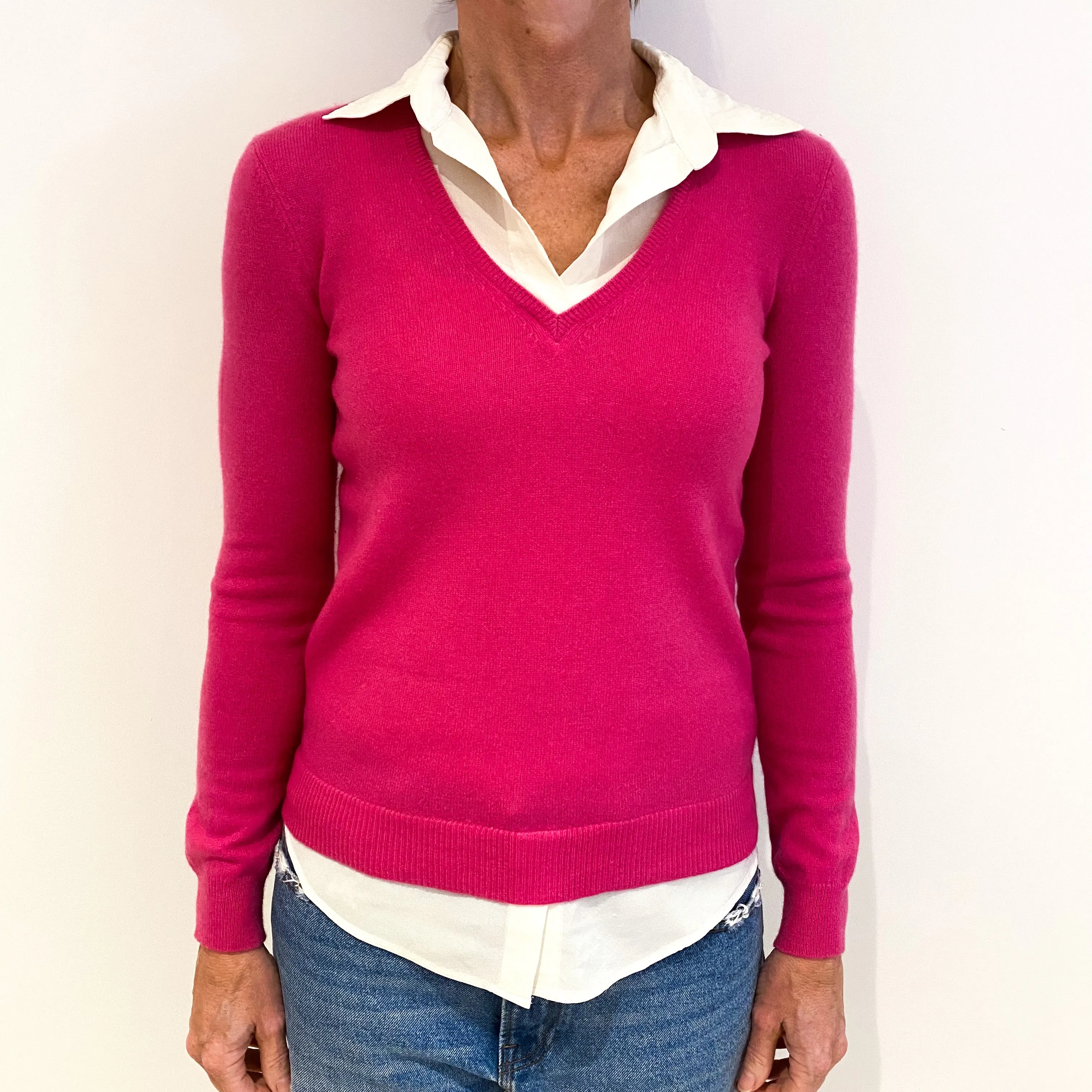 Raspberry Pink Cashmere V-Neck Jumper with Faux Shirt Small