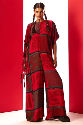 Red Printed Round Neck Jumpsuit