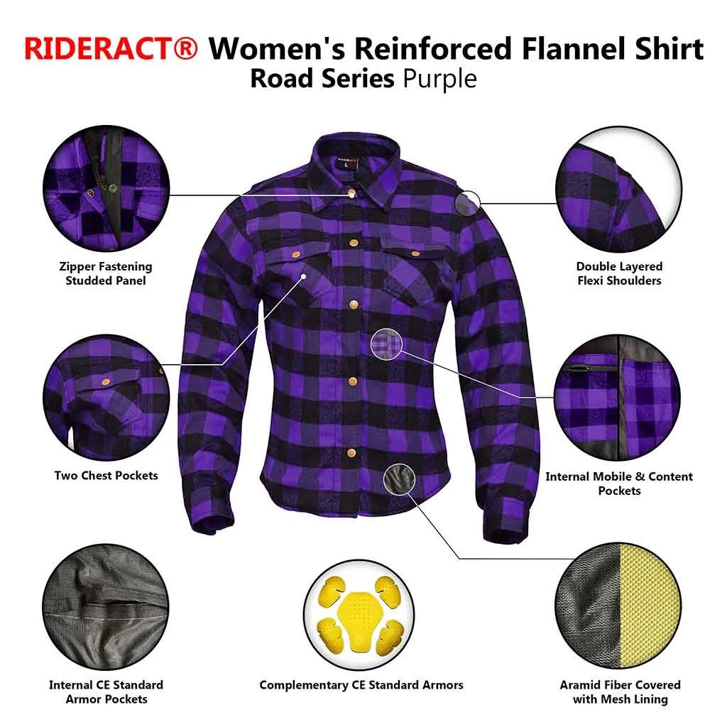 RIDERACT® Women Flannel Shirt Purple Road Series Reinforced Flannel Motorcycle Shirt